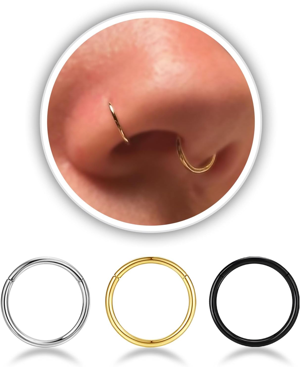 Nose Rings Hoop and Nose Studs Sets for Women Men,Hypoallergenic 316L Surgical Stainless Steel Hinged Clicker Segment Nose Rings Hoop Helix Cartilage Daith Tragus Sleeper Earrings Silver Gold Black L Shape/Corkscrew/Straight Nose Studs Real Body Piercing - QIAO CrystalQIAO CrystalQIAO Crystal