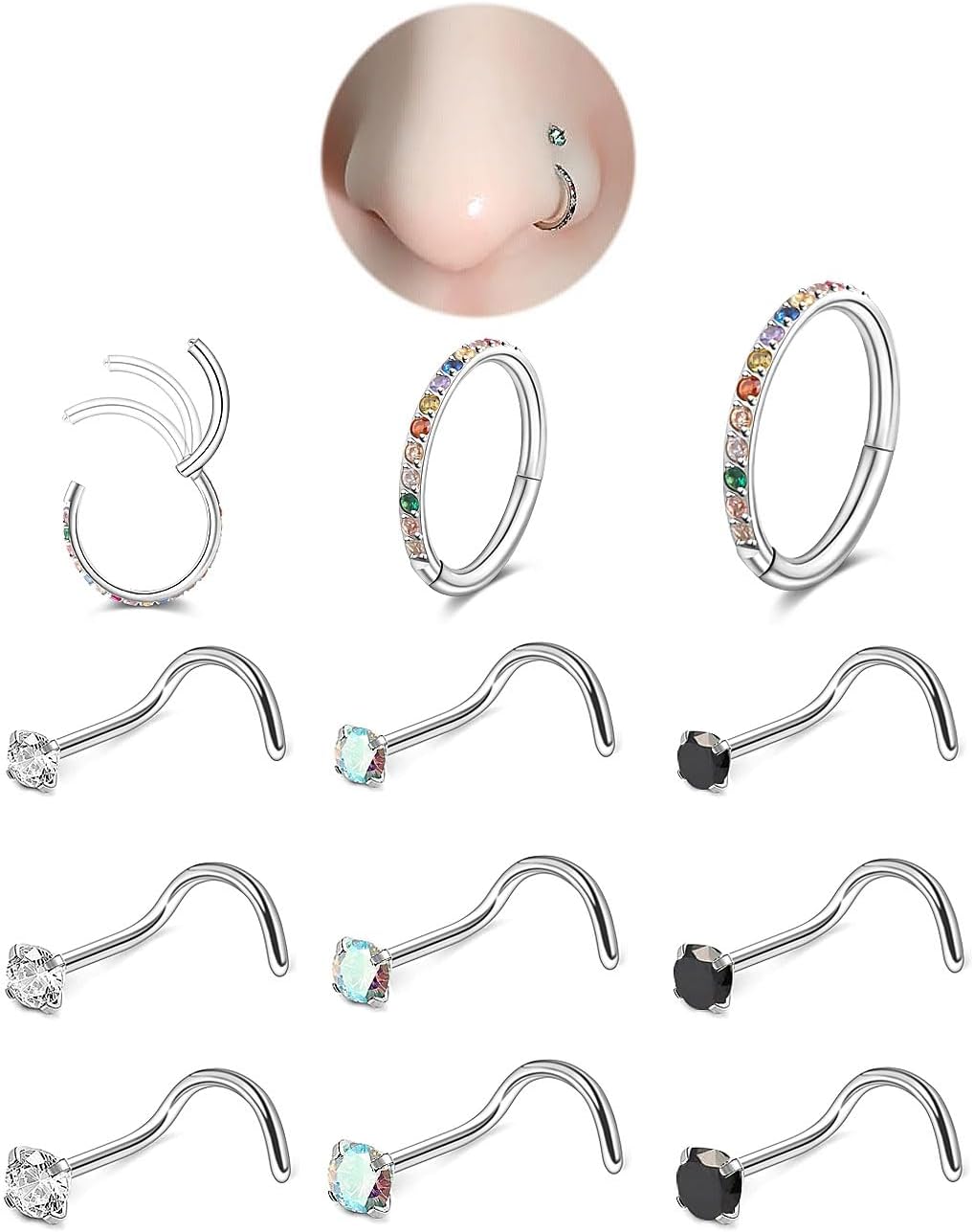 Nose Rings Hoop and Nose Studs Sets for Women Men,Hypoallergenic 316L Surgical Stainless Steel Hinged Clicker Segment Nose Rings Hoop Helix Cartilage Daith Tragus Sleeper Earrings Silver Gold Black L Shape/Corkscrew/Straight Nose Studs Real Body Piercing - QIAO CrystalQIAO CrystalQIAO Crystal