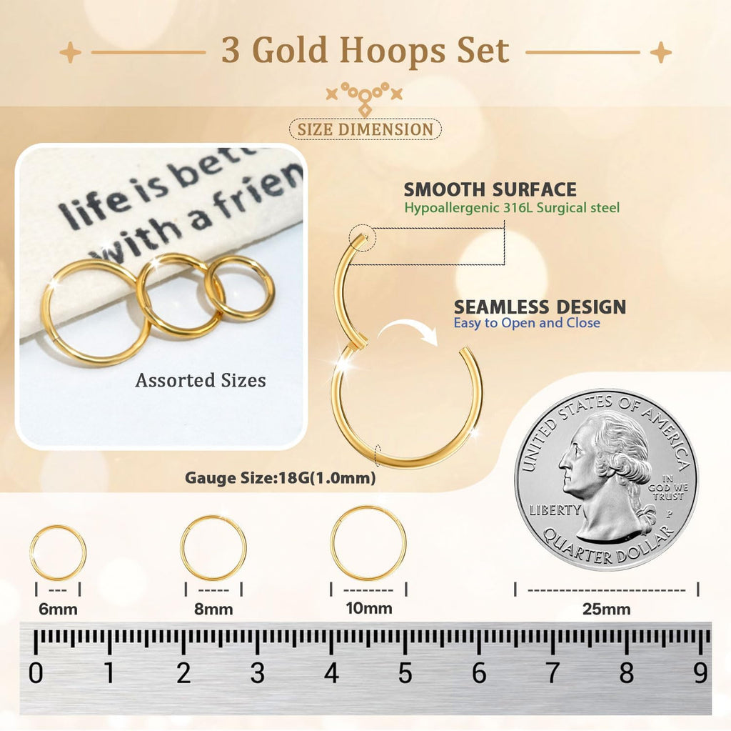 Nose Rings Hoop and Nose Studs Sets for Women Men,Hypoallergenic 316L Surgical Stainless Steel Hinged Clicker Segment Nose Rings Hoop Helix Cartilage Daith Tragus Sleeper Earrings Silver Gold Black L Shape/Corkscrew/Straight Nose Studs Real Body Piercing - QIAO CrystalQIAO CrystalQIAO Crystal