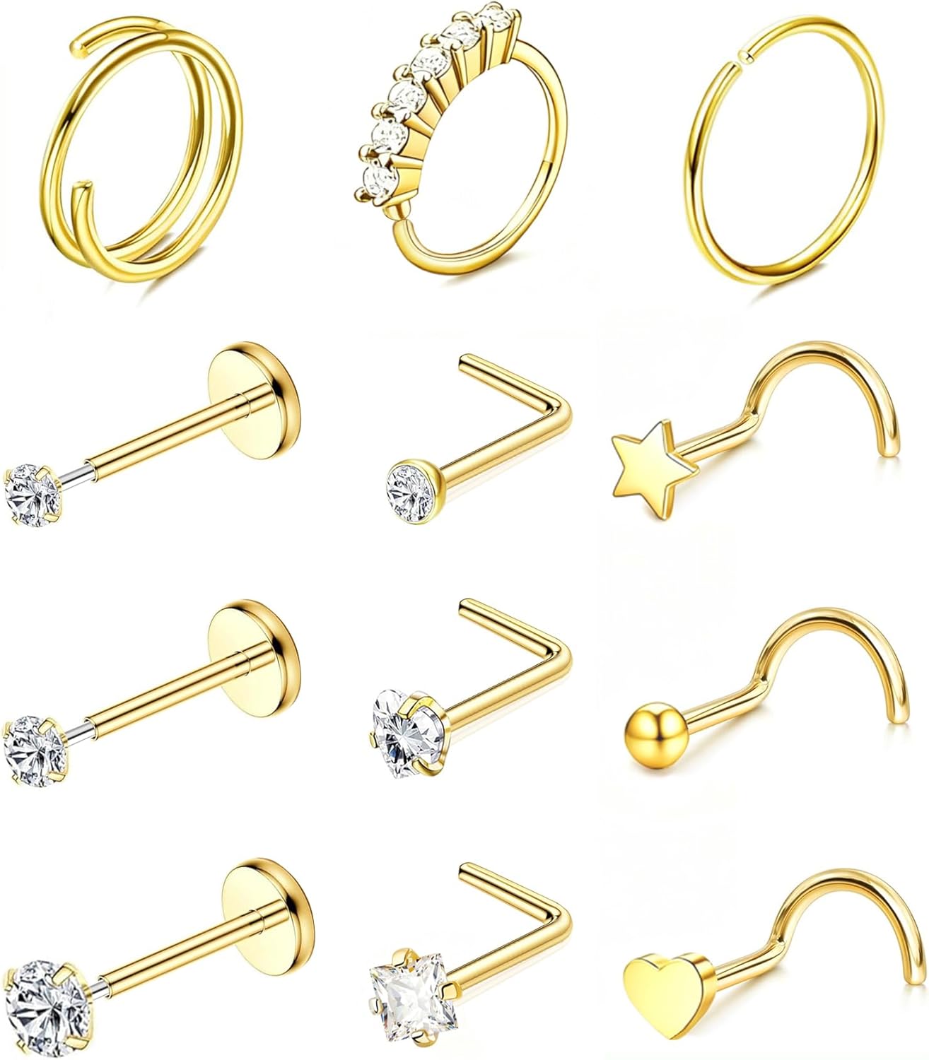 Nose Rings Hoop and Nose Studs Sets for Women Men,Hypoallergenic 316L Surgical Stainless Steel Hinged Clicker Segment Nose Rings Hoop Helix Cartilage Daith Tragus Sleeper Earrings Silver Gold Black L Shape/Corkscrew/Straight Nose Studs Real Body Piercing - QIAO CrystalQIAO CrystalQIAO Crystal