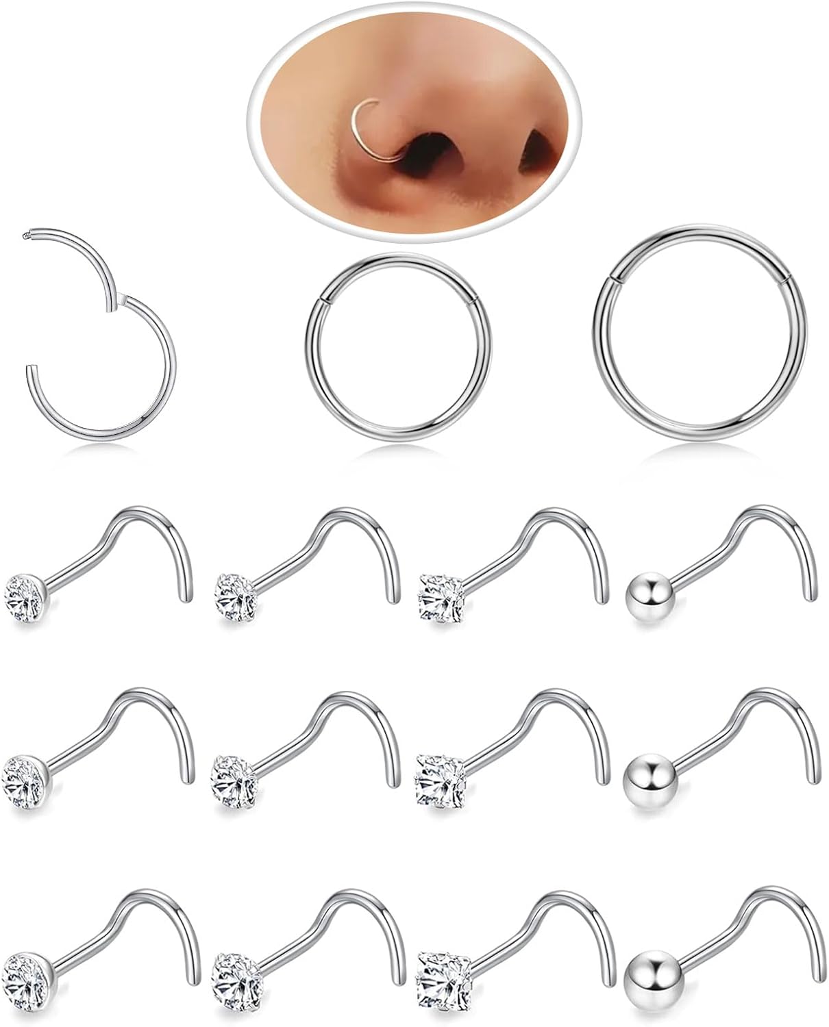 Nose Rings Hoop and Nose Studs Sets for Women Men,Hypoallergenic 316L Surgical Stainless Steel Hinged Clicker Segment Nose Rings Hoop Helix Cartilage Daith Tragus Sleeper Earrings Silver Gold Black L Shape/Corkscrew/Straight Nose Studs Real Body Piercing - QIAO CrystalQIAO CrystalQIAO Crystal