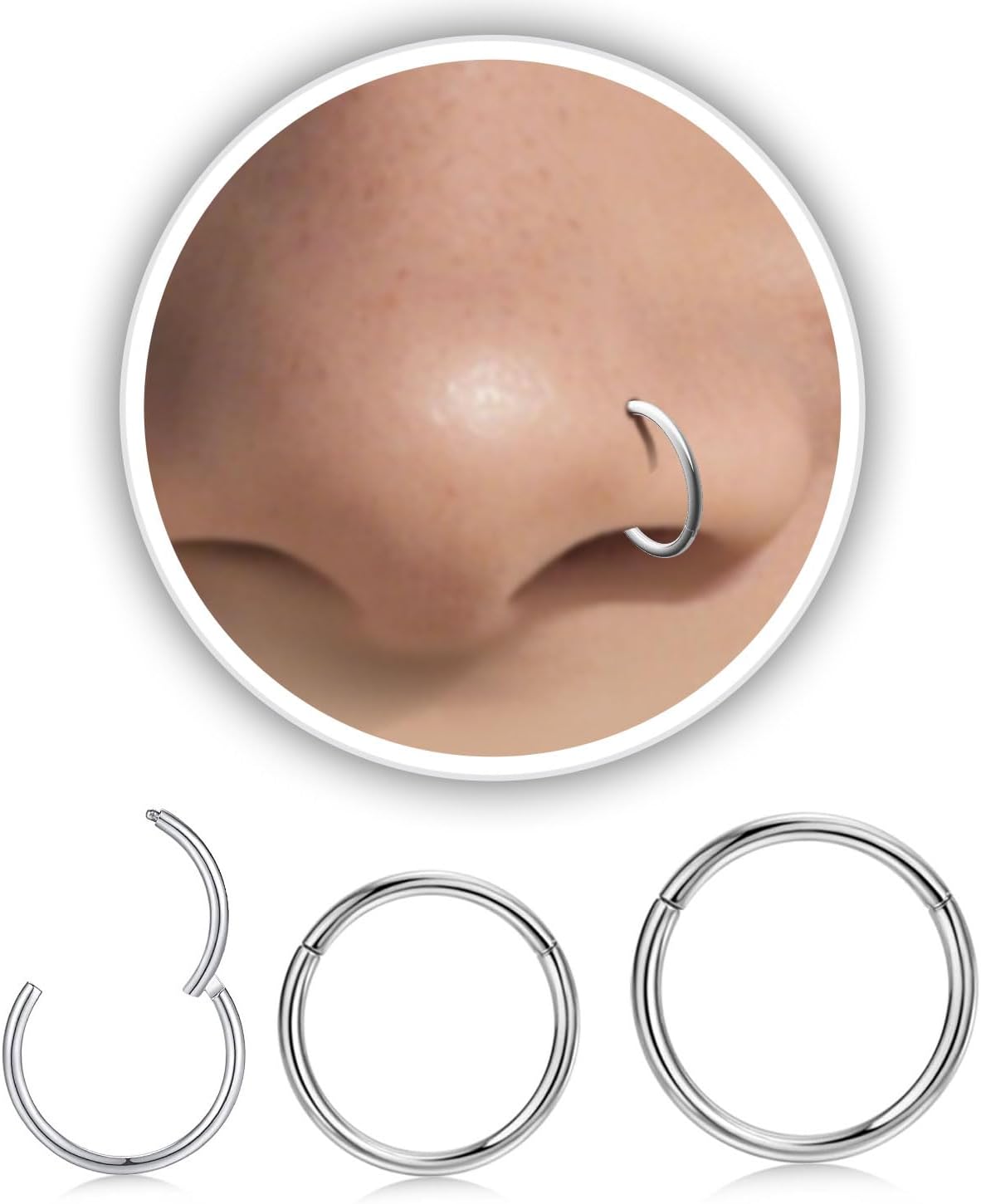 Nose Rings Hoop and Nose Studs Sets for Women Men,Hypoallergenic 316L Surgical Stainless Steel Hinged Clicker Segment Nose Rings Hoop Helix Cartilage Daith Tragus Sleeper Earrings Silver Gold Black L Shape/Corkscrew/Straight Nose Studs Real Body Piercing - QIAO CrystalQIAO CrystalQIAO Crystal