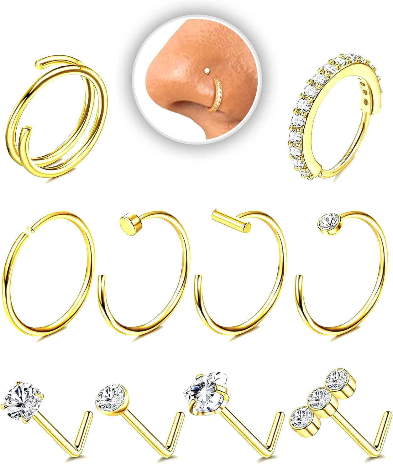 Nose Rings Hoop and Nose Studs Sets for Women Men,Hypoallergenic 316L Surgical Stainless Steel Hinged Clicker Segment Nose Rings Hoop Helix Cartilage Daith Tragus Sleeper Earrings Silver Gold Black L Shape/Corkscrew/Straight Nose Studs Real Body Piercing - QIAO CrystalQIAO CrystalQIAO Crystal