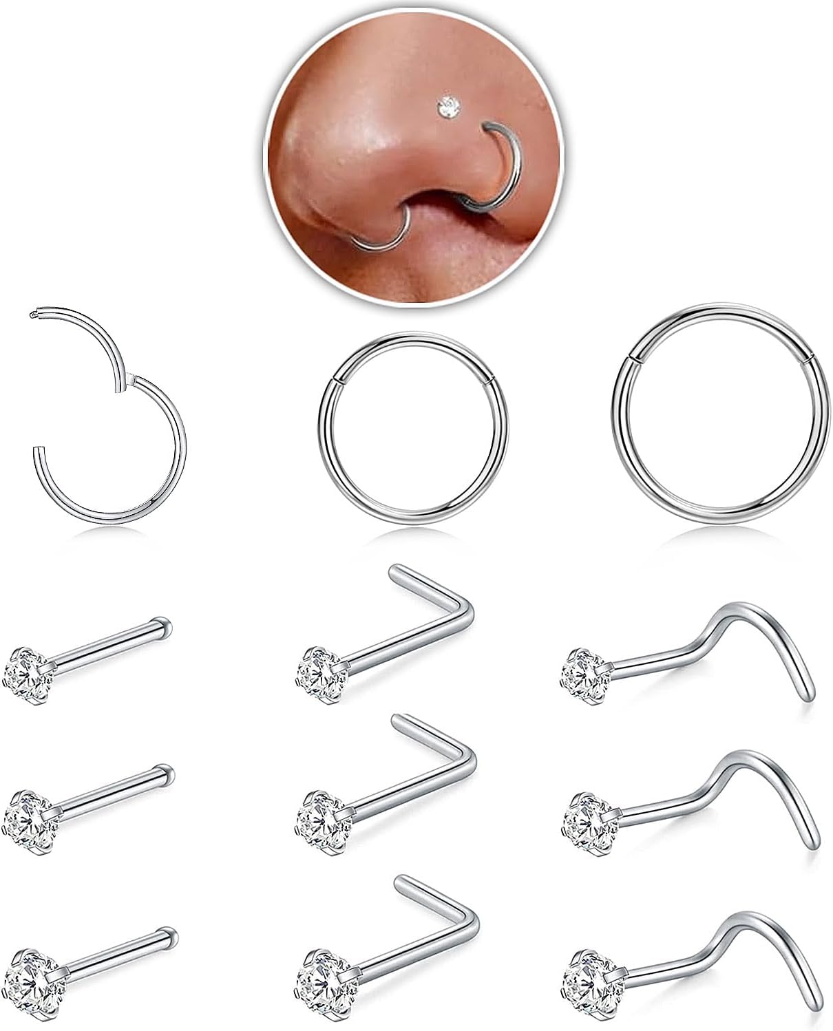Nose Rings Hoop and Nose Studs Sets for Women Men,Hypoallergenic 316L Surgical Stainless Steel Hinged Clicker Segment Nose Rings Hoop Helix Cartilage Daith Tragus Sleeper Earrings Silver Gold Black L Shape/Corkscrew/Straight Nose Studs Real Body Piercing - QIAO CrystalQIAO CrystalQIAO Crystal