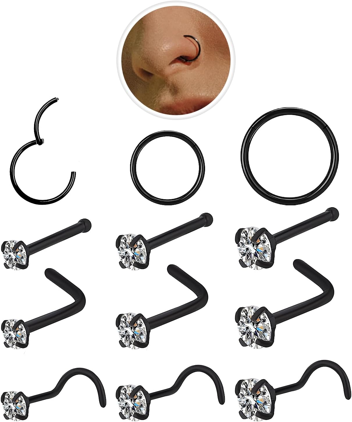 Nose Rings Hoop and Nose Studs Sets for Women Men,Hypoallergenic 316L Surgical Stainless Steel Hinged Clicker Segment Nose Rings Hoop Helix Cartilage Daith Tragus Sleeper Earrings Silver Gold Black L Shape/Corkscrew/Straight Nose Studs Real Body Piercing - QIAO CrystalQIAO CrystalQIAO Crystal