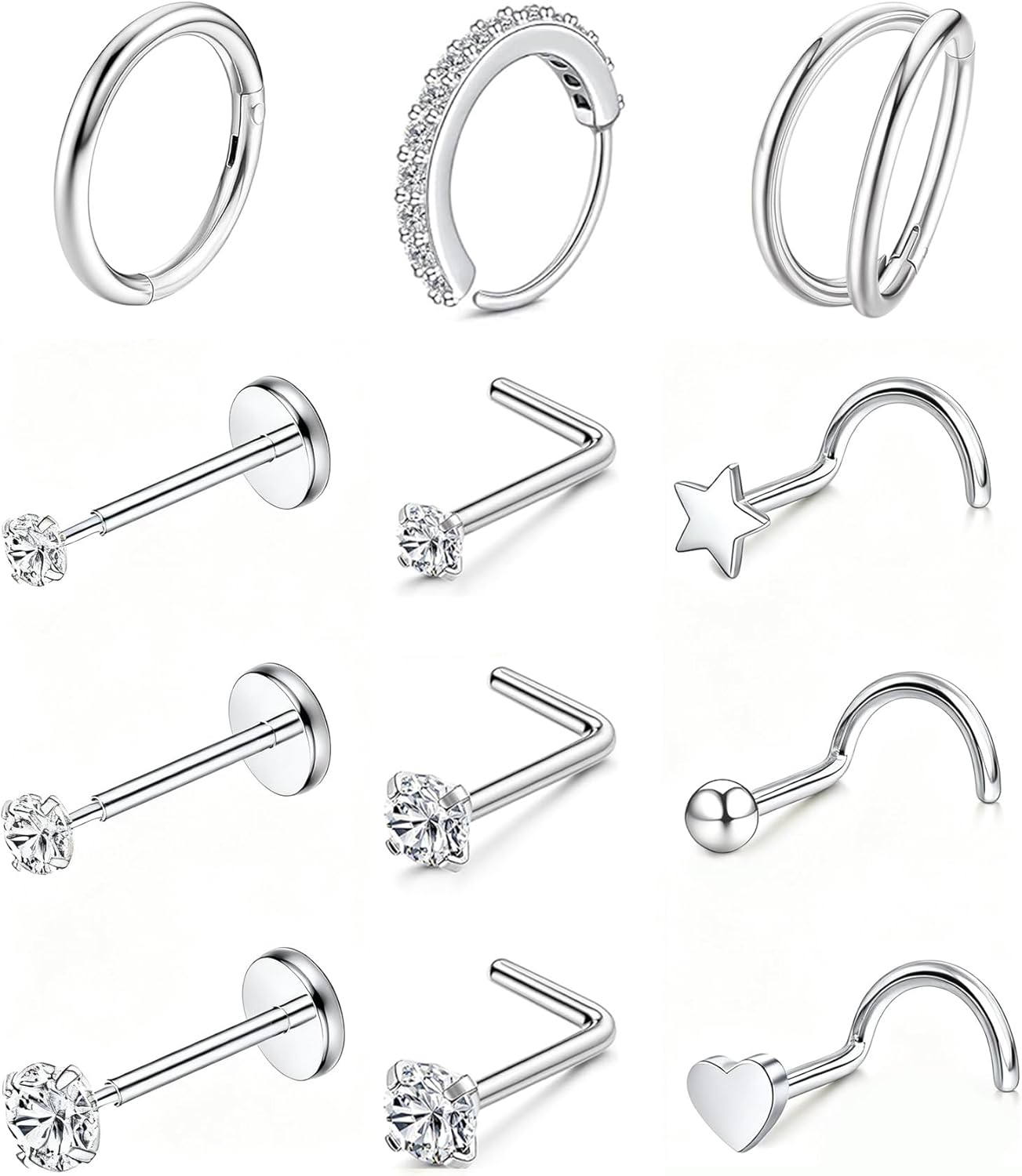 Nose Rings Hoop and Nose Studs Sets for Women Men,Hypoallergenic 316L Surgical Stainless Steel Hinged Clicker Segment Nose Rings Hoop Helix Cartilage Daith Tragus Sleeper Earrings Silver Gold Black L Shape/Corkscrew/Straight Nose Studs Real Body Piercing - QIAO CrystalQIAO CrystalQIAO Crystal