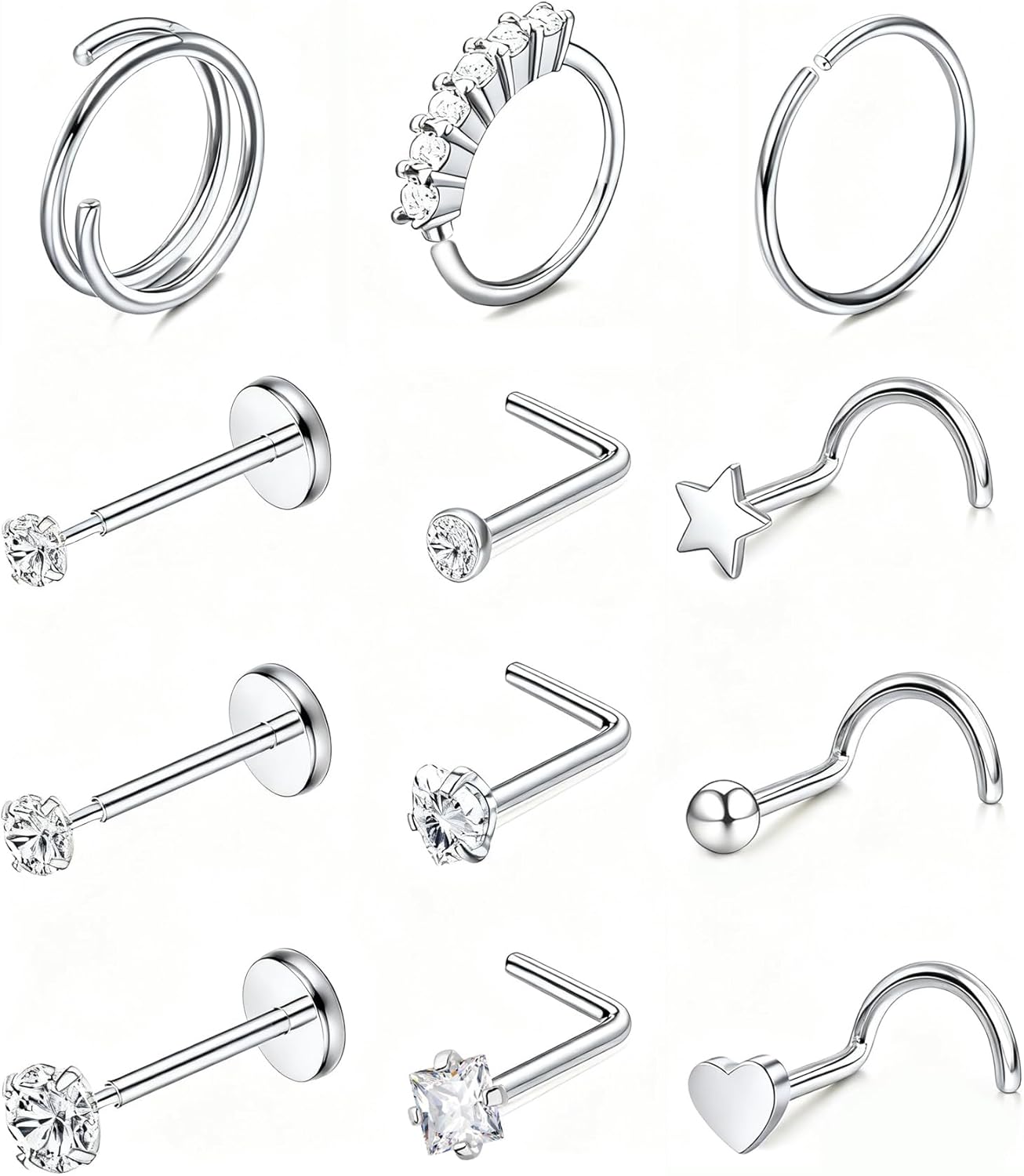 Nose Rings Hoop and Nose Studs Sets for Women Men,Hypoallergenic 316L Surgical Stainless Steel Hinged Clicker Segment Nose Rings Hoop Helix Cartilage Daith Tragus Sleeper Earrings Silver Gold Black L Shape/Corkscrew/Straight Nose Studs Real Body Piercing - QIAO CrystalQIAO CrystalQIAO Crystal