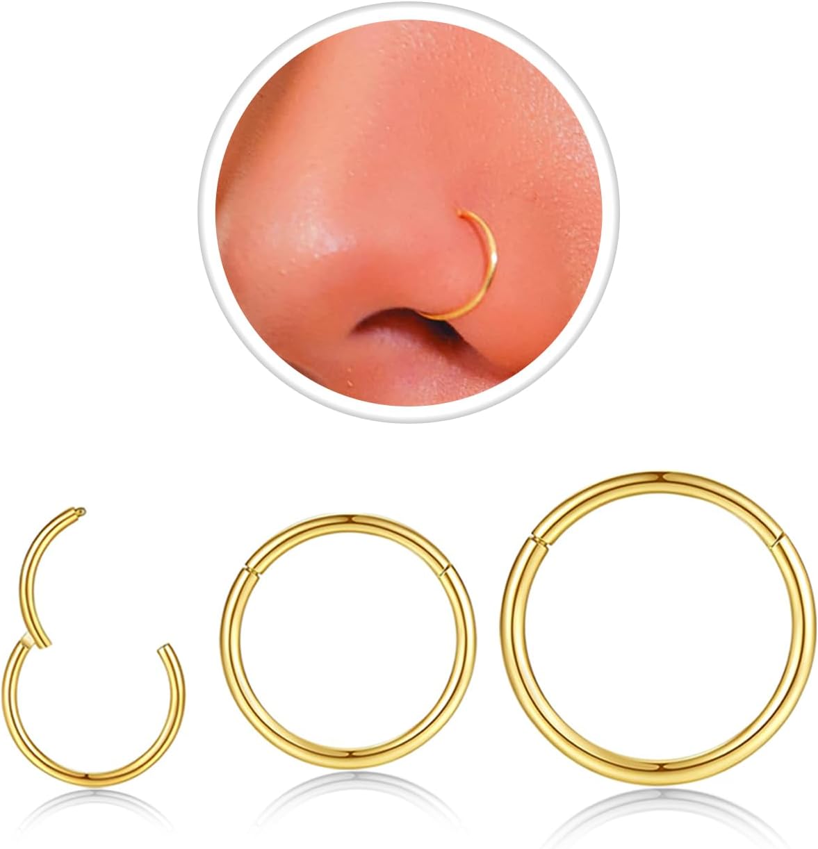 Nose Rings Hoop and Nose Studs Sets for Women Men,Hypoallergenic 316L Surgical Stainless Steel Hinged Clicker Segment Nose Rings Hoop Helix Cartilage Daith Tragus Sleeper Earrings Silver Gold Black L Shape/Corkscrew/Straight Nose Studs Real Body Piercing - QIAO CrystalQIAO CrystalQIAO Crystal