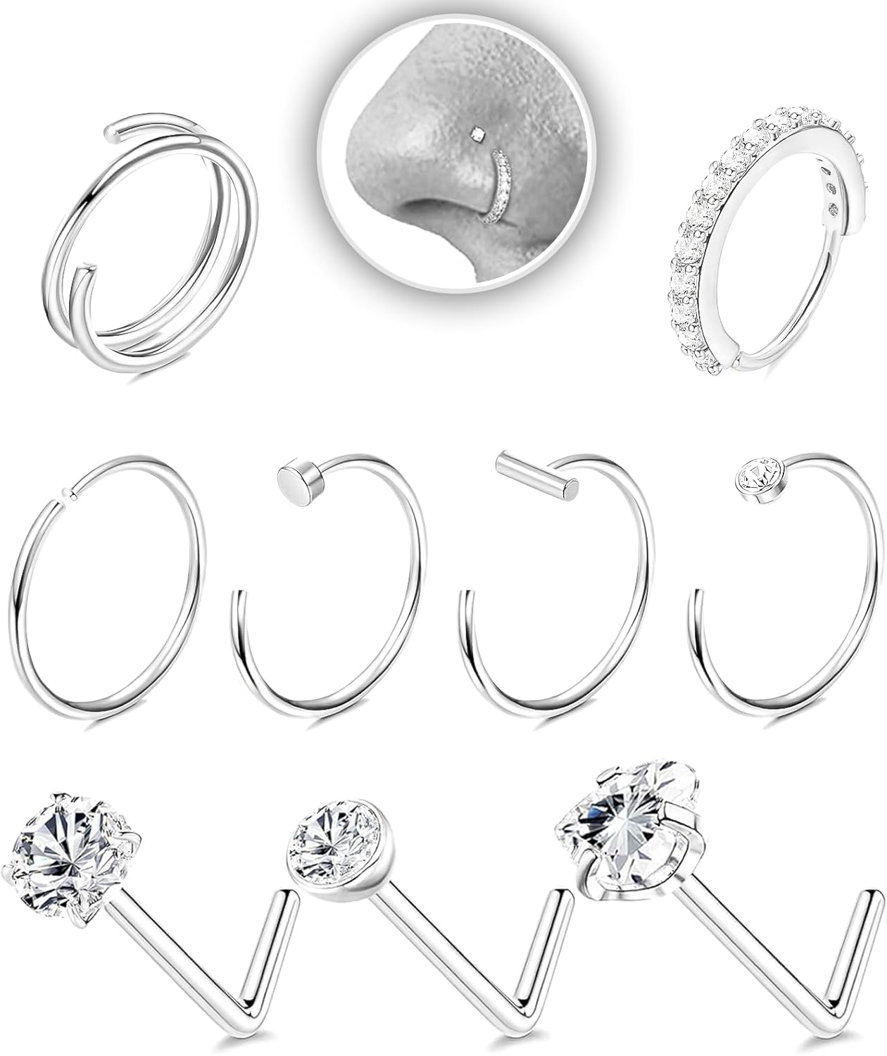 Nose Rings Hoop and Nose Studs Sets for Women Men,Hypoallergenic 316L Surgical Stainless Steel Hinged Clicker Segment Nose Rings Hoop Helix Cartilage Daith Tragus Sleeper Earrings Silver Gold Black L Shape/Corkscrew/Straight Nose Studs Real Body Piercing - QIAO CrystalQIAO CrystalQIAO Crystal