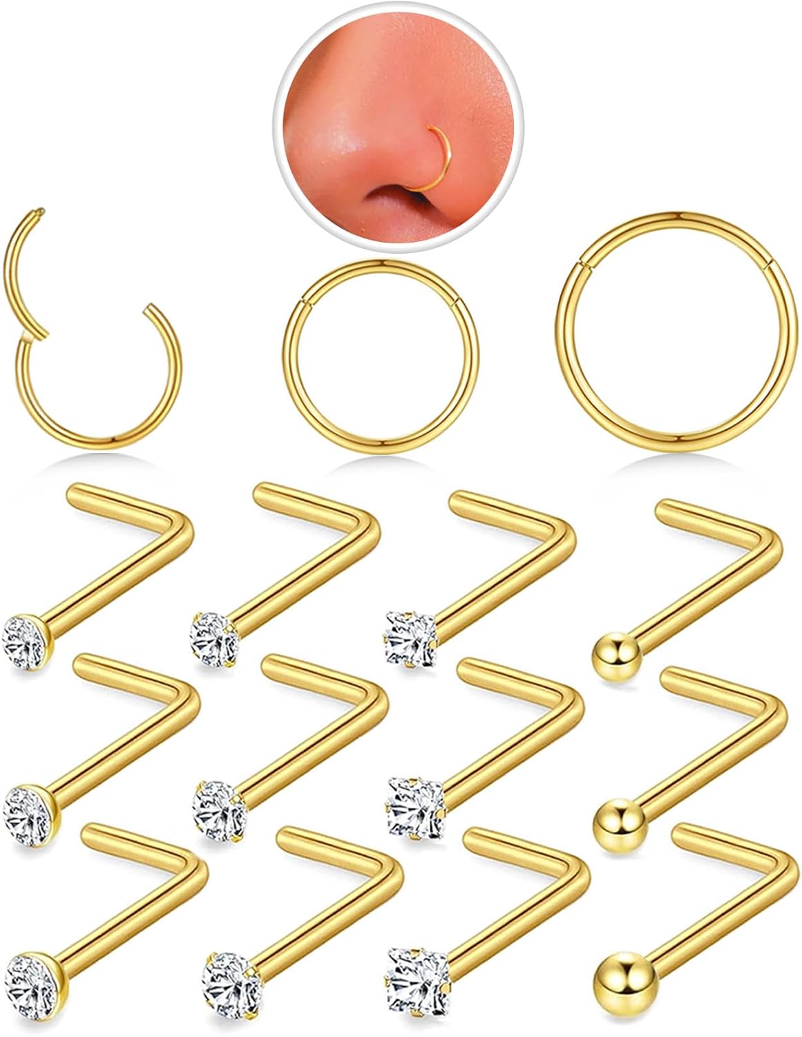 Nose Rings Hoop and Nose Studs Sets for Women Men,Hypoallergenic 316L Surgical Stainless Steel Hinged Clicker Segment Nose Rings Hoop Helix Cartilage Daith Tragus Sleeper Earrings Silver Gold Black L Shape/Corkscrew/Straight Nose Studs Real Body Piercing - QIAO CrystalQIAO CrystalQIAO Crystal