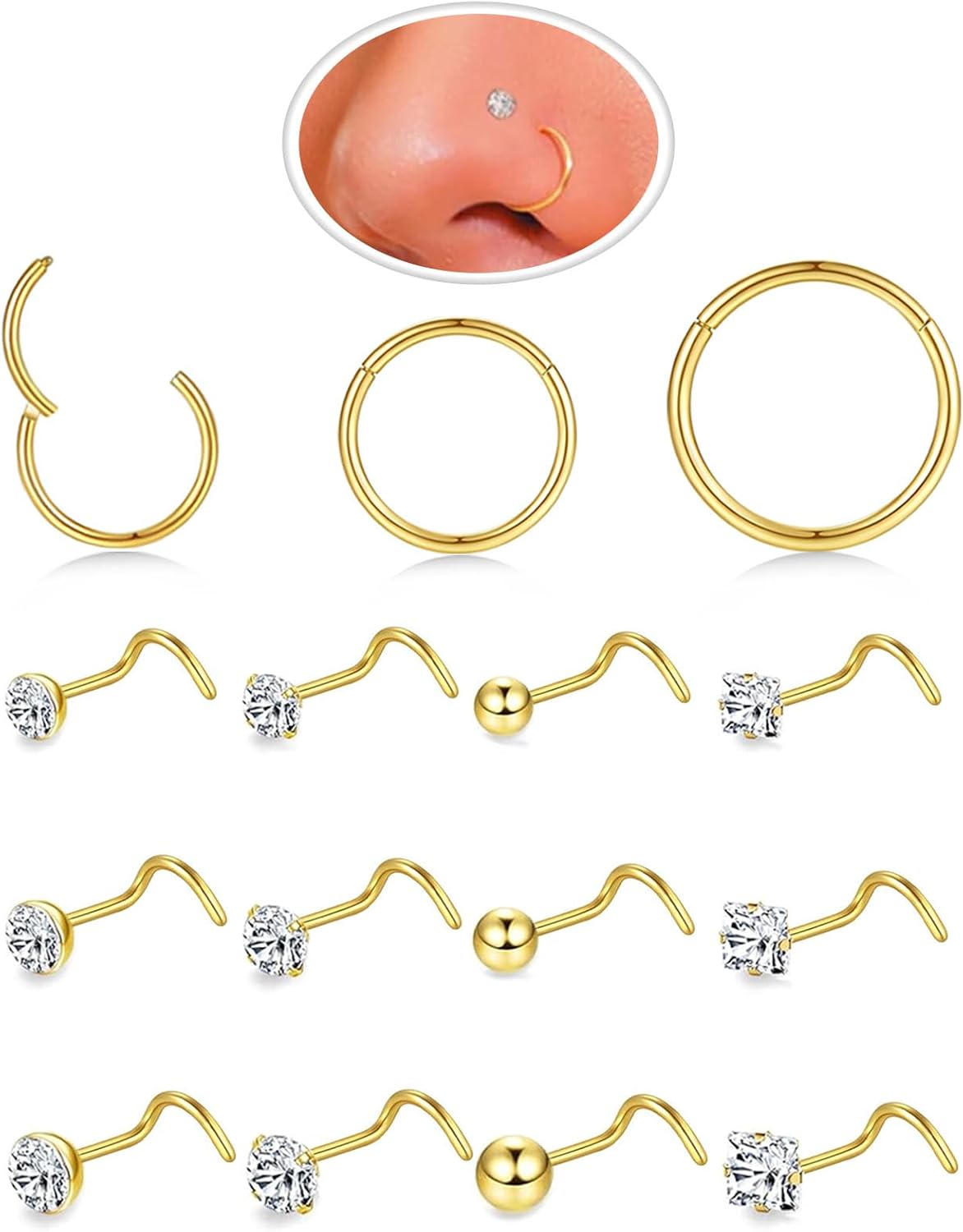 Nose Rings Hoop and Nose Studs Sets for Women Men,Hypoallergenic 316L Surgical Stainless Steel Hinged Clicker Segment Nose Rings Hoop Helix Cartilage Daith Tragus Sleeper Earrings Silver Gold Black L Shape/Corkscrew/Straight Nose Studs Real Body Piercing - QIAO CrystalQIAO CrystalQIAO Crystal