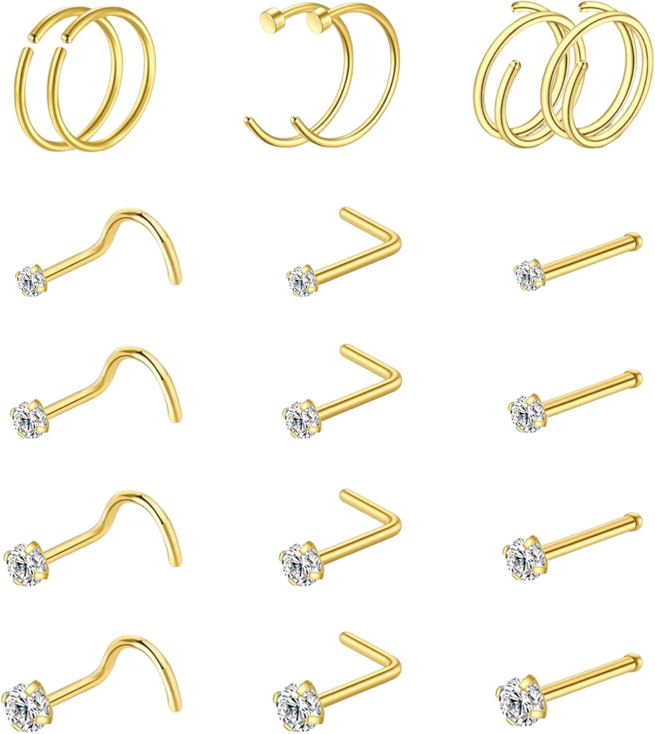 Nose Rings Hoop and Nose Studs Sets for Women Men,Hypoallergenic 316L Surgical Stainless Steel Hinged Clicker Segment Nose Rings Hoop Helix Cartilage Daith Tragus Sleeper Earrings Silver Gold Black L Shape/Corkscrew/Straight Nose Studs Real Body Piercing - QIAO CrystalQIAO CrystalQIAO Crystal