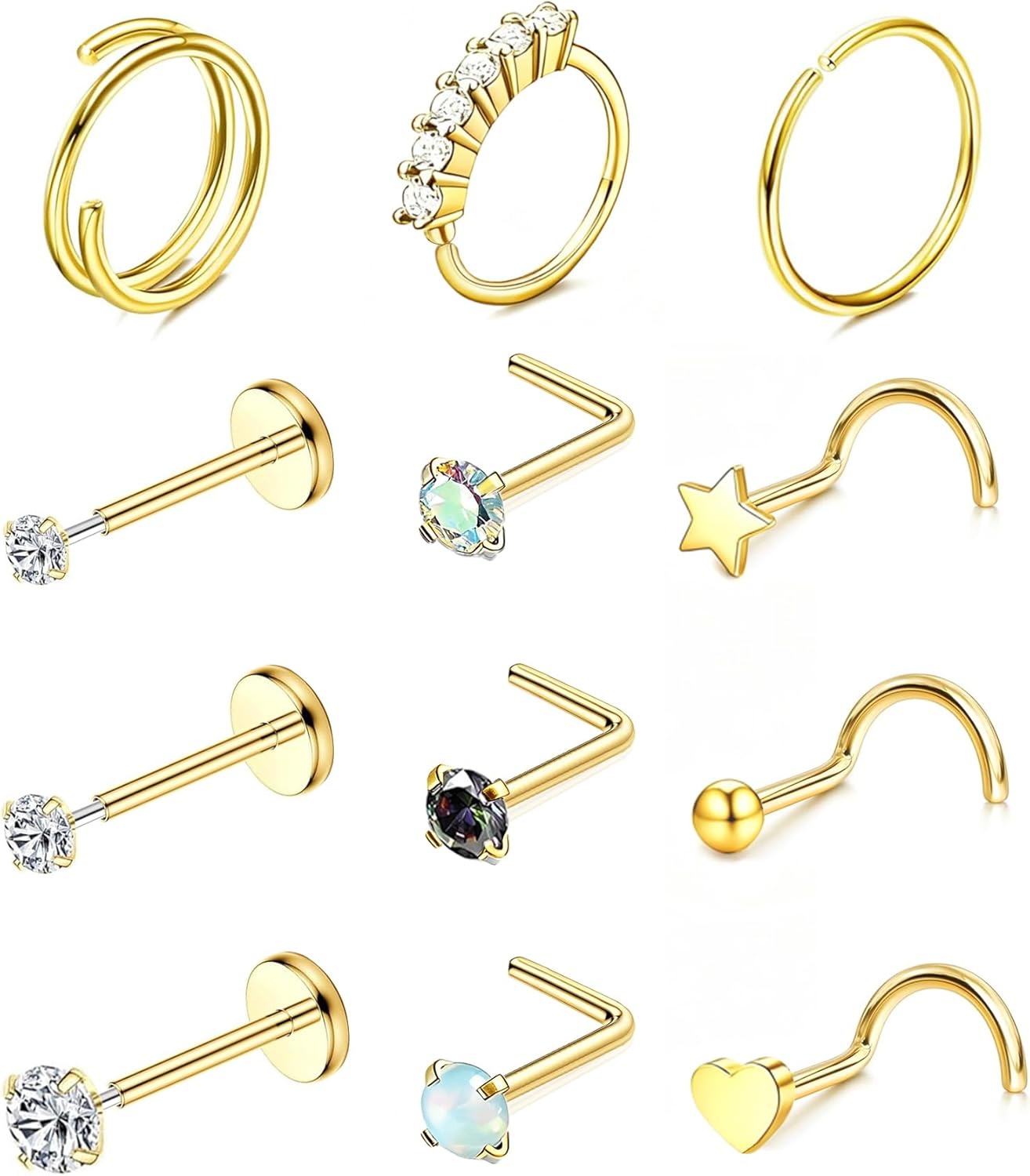 Nose Rings Hoop and Nose Studs Sets for Women Men,Hypoallergenic 316L Surgical Stainless Steel Hinged Clicker Segment Nose Rings Hoop Helix Cartilage Daith Tragus Sleeper Earrings Silver Gold Black L Shape/Corkscrew/Straight Nose Studs Real Body Piercing - QIAO CrystalQIAO CrystalQIAO Crystal