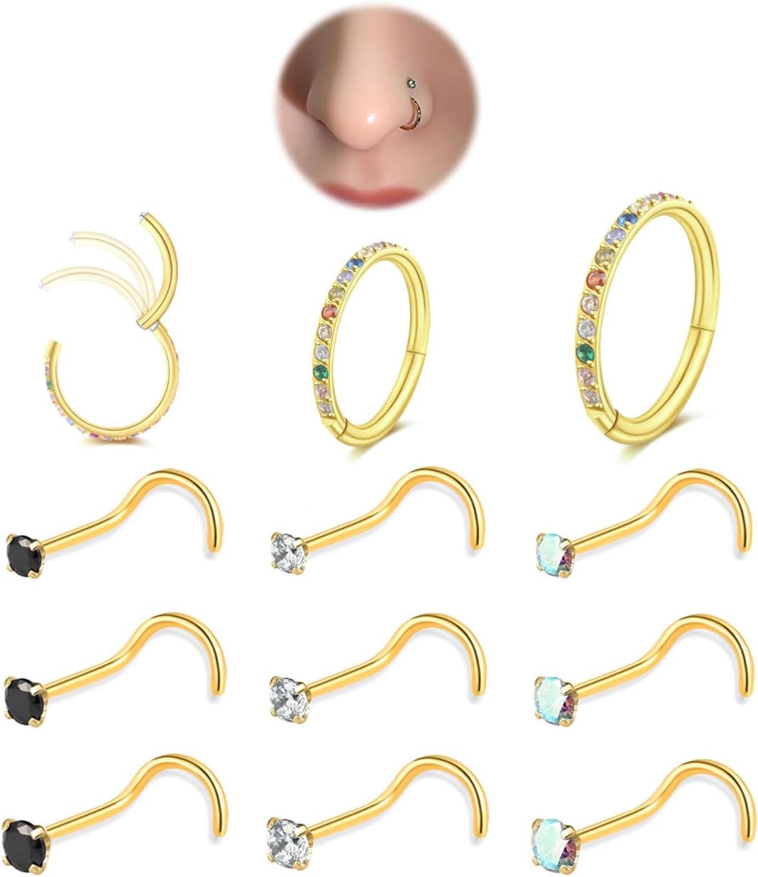 Nose Rings Hoop and Nose Studs Sets for Women Men,Hypoallergenic 316L Surgical Stainless Steel Hinged Clicker Segment Nose Rings Hoop Helix Cartilage Daith Tragus Sleeper Earrings Silver Gold Black L Shape/Corkscrew/Straight Nose Studs Real Body Piercing - QIAO CrystalQIAO CrystalQIAO Crystal