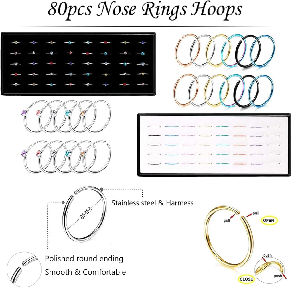 Nose Rings Studs and Hoops, Surgical Stainless Steel Hypoallergenic Nose Rings Set for Women Men, Straight/L/Screw Shaped and 1.5/2.0/2.5mm Rhinestone Nose Piercing Jewelry and Ideal Gift - QIAO CrystalQIAO CrystalQIAO Crystal