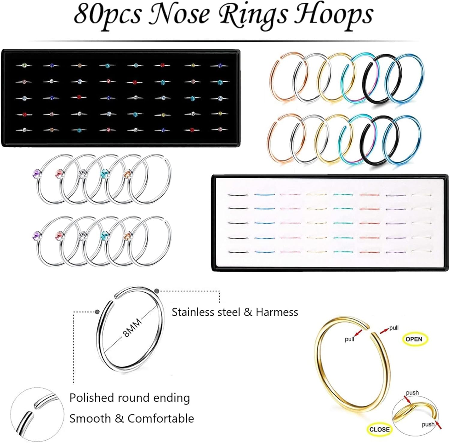 Nose Rings Studs and Hoops, Surgical Stainless Steel Hypoallergenic Nose Rings Set for Women Men, Straight/L/Screw Shaped and 1.5/2.0/2.5mm Rhinestone Nose Piercing Jewelry and Ideal Gift - QIAO CrystalQIAO CrystalQIAO Crystal