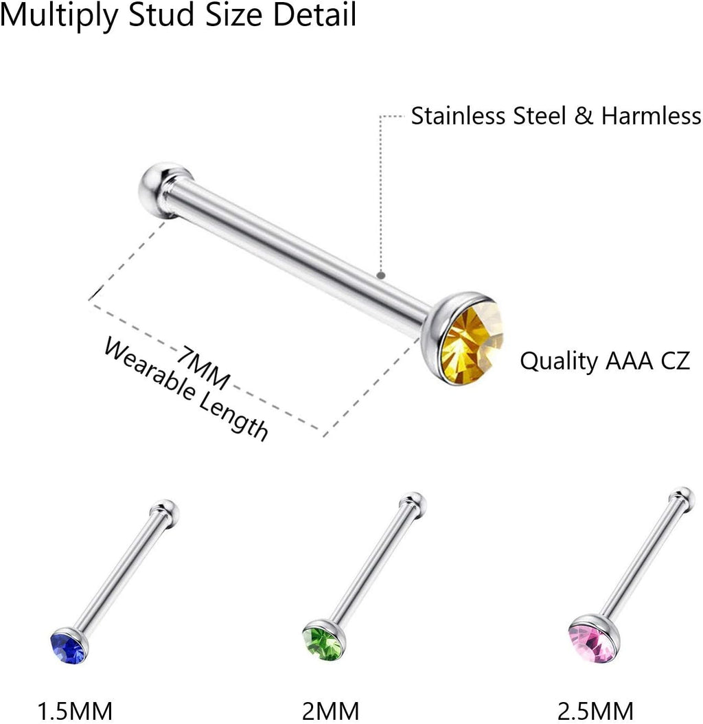 Nose Rings Studs and Hoops, Surgical Stainless Steel Hypoallergenic Nose Rings Set for Women Men, Straight/L/Screw Shaped and 1.5/2.0/2.5mm Rhinestone Nose Piercing Jewelry and Ideal Gift - QIAO CrystalQIAO CrystalQIAO Crystal