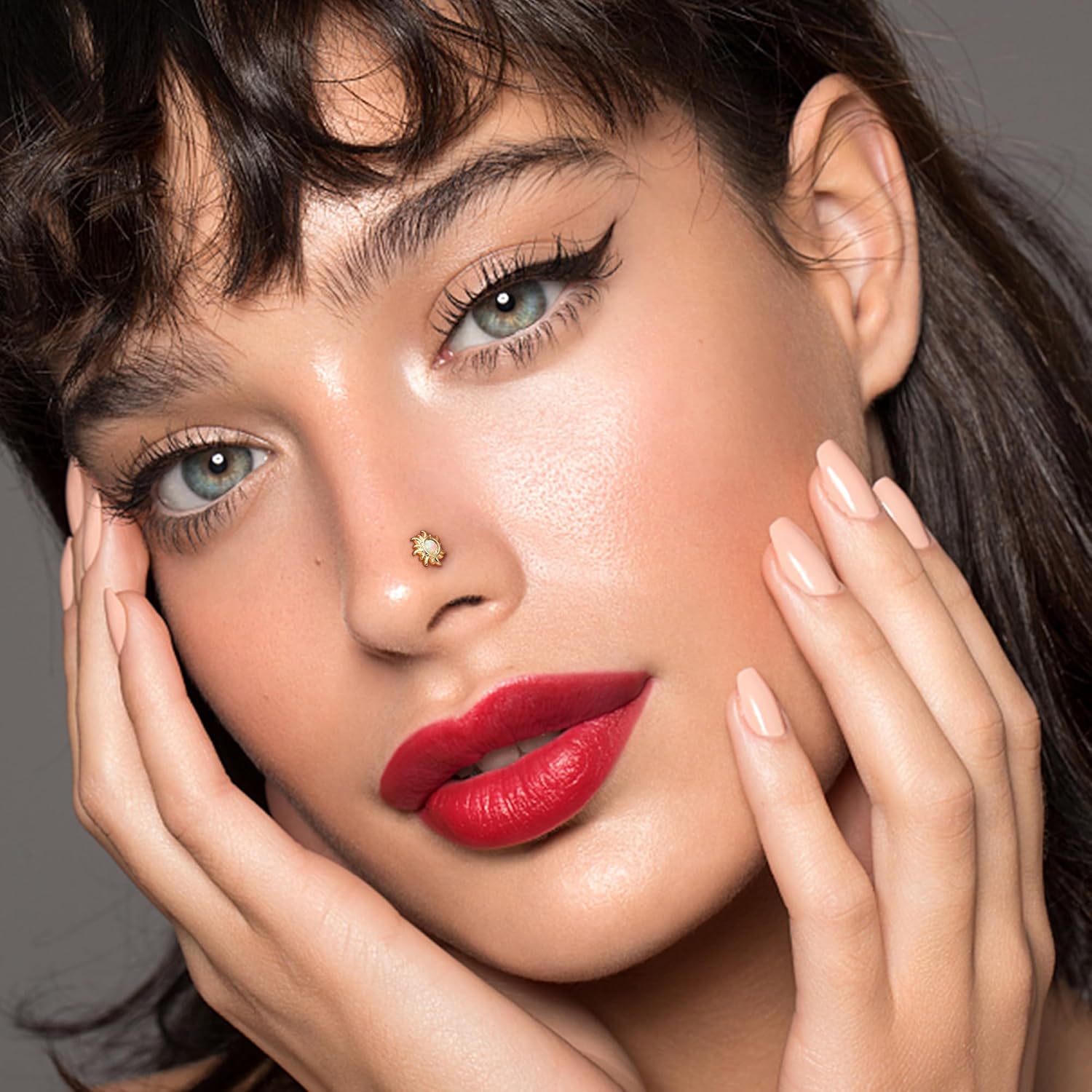 Nose Rings Studs for Women Stainless Steel L Shaped Nose Studs Tiny Opal CZ Sunflower Turquoise Bee Planet Geometric Nose Piercing Jewelry - QIAO CrystalQIAO CrystalQIAO Crystal