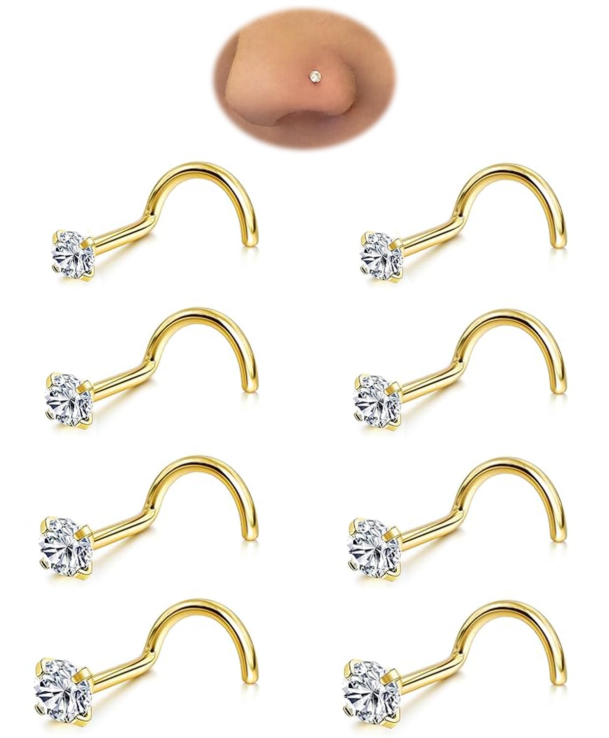 Nose Rings Studs Set for Women Men: Hypoallergenic 8Pcs 18G 20G 22G Gold/Silver 316L Surgical Stainless Steel Nose Studs Corkscrew Nose Piercing Jewelry Imitation Diamond Small 1.5mm 2mm 2.5mm 3mm - QIAO Crystal我的商店QIAO Crystal