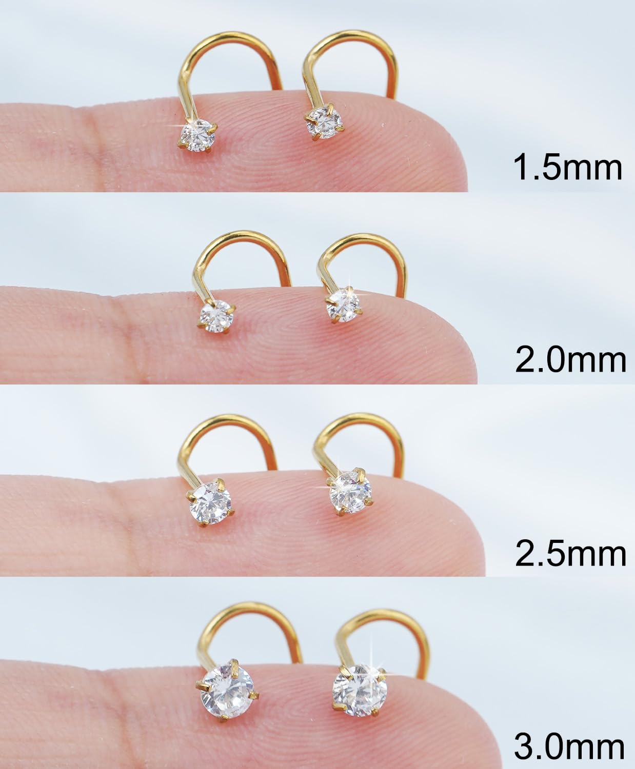 Nose Rings Studs Set for Women Men: Hypoallergenic 8Pcs 18G 20G 22G Gold/Silver 316L Surgical Stainless Steel Nose Studs Corkscrew Nose Piercing Jewelry Imitation Diamond Small 1.5mm 2mm 2.5mm 3mm - QIAO Crystal我的商店QIAO Crystal
