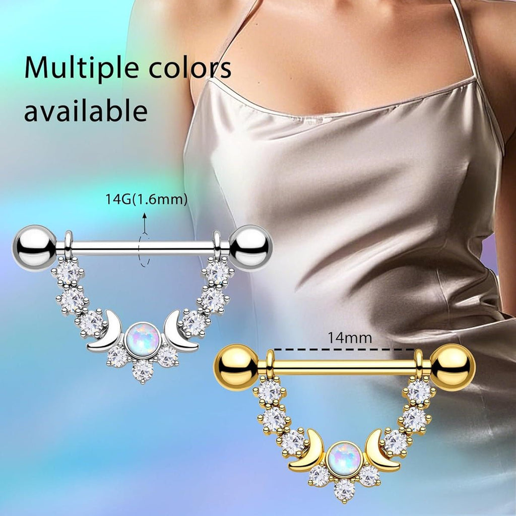 Opal Nipple Rings 316L Stainless Steel Nipple Shield Ring for Women 14G Moon Phase Nipple Piercing Jewelry - QIAO CrystalQIAO CrystalQIAO Crystal