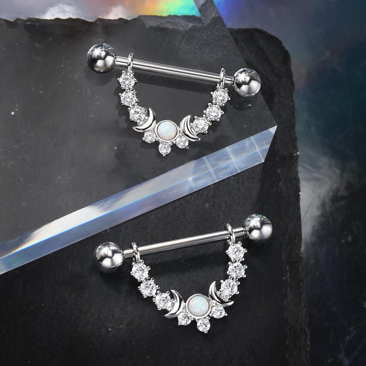 Opal Nipple Rings 316L Stainless Steel Nipple Shield Ring for Women 14G Moon Phase Nipple Piercing Jewelry - QIAO CrystalQIAO CrystalQIAO Crystal