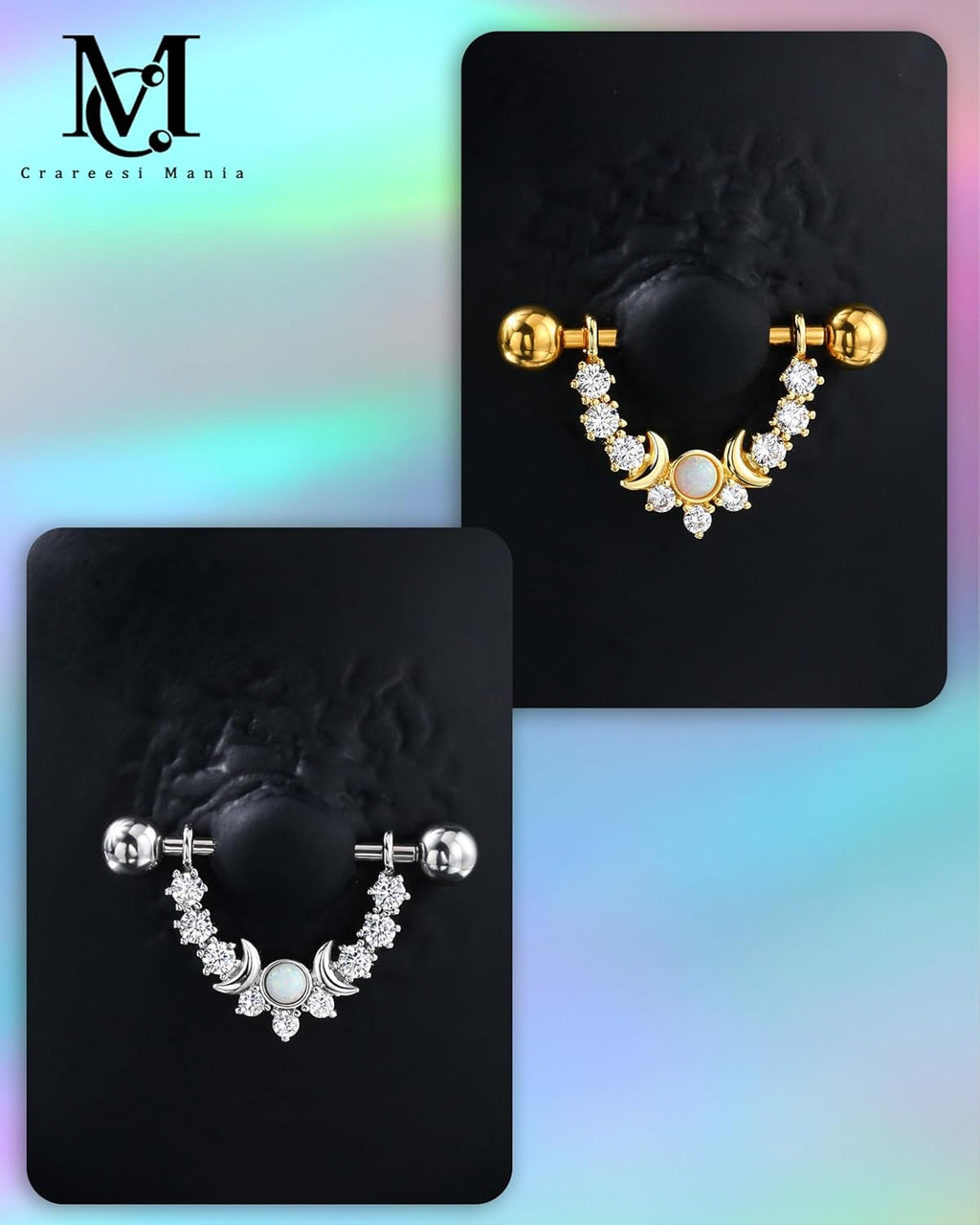 Opal Nipple Rings 316L Stainless Steel Nipple Shield Ring for Women 14G Moon Phase Nipple Piercing Jewelry - QIAO CrystalQIAO CrystalQIAO Crystal