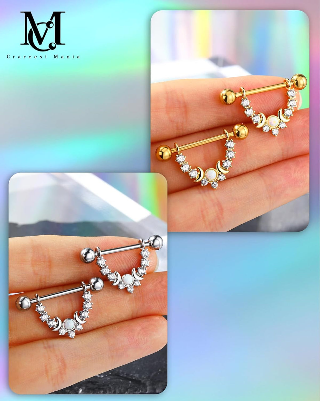 Opal Nipple Rings 316L Stainless Steel Nipple Shield Ring for Women 14G Moon Phase Nipple Piercing Jewelry - QIAO CrystalQIAO CrystalQIAO Crystal