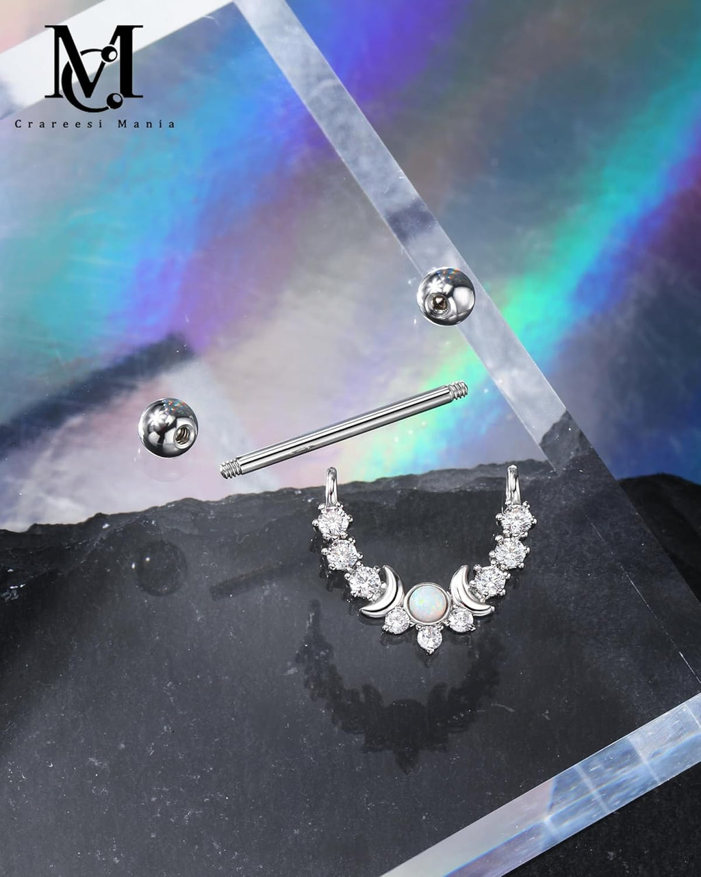 Opal Nipple Rings 316L Stainless Steel Nipple Shield Ring for Women 14G Moon Phase Nipple Piercing Jewelry - QIAO CrystalQIAO CrystalQIAO Crystal