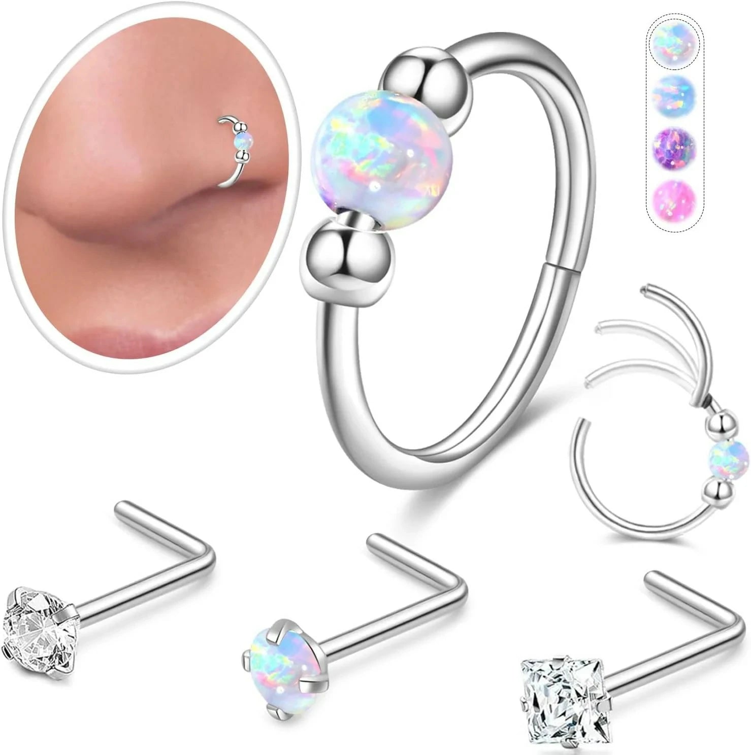 Opal Nose Rings Hoops and Corkscrew Nose Studs Hypoallergenic 316L Surgical Stainless