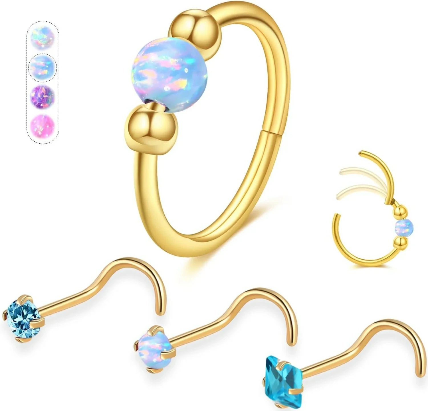 Opal Nose Rings Hoops and Corkscrew Nose Studs Hypoallergenic 316L Surgical Stainless