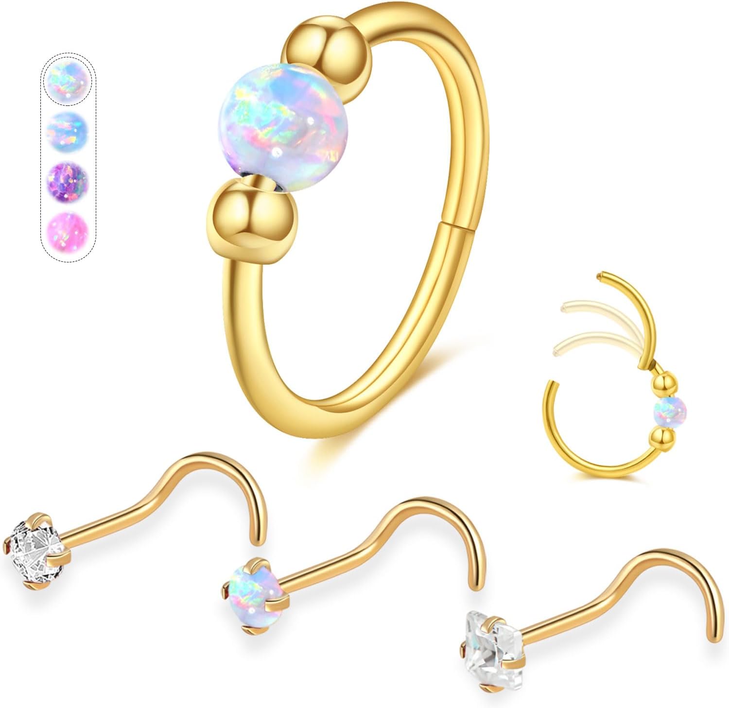 Opal Nose Rings Hoops and Corkscrew Nose Studs Sets for Women Men,Hypoallergenic 316L Surgical Stainless Steel Hinged Clicker Segment Nose Rings Hoop Helix Cartilage Daith Tragus Sleeper Earring - QIAO CrystalQIAO CrystalQIAO Crystal