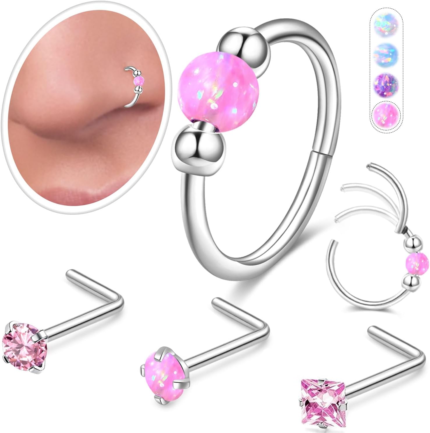Opal Nose Rings Hoops and Corkscrew Nose Studs Sets for Women Men,Hypoallergenic 316L Surgical Stainless Steel Hinged Clicker Segment Nose Rings Hoop Helix Cartilage Daith Tragus Sleeper Earring - QIAO CrystalQIAO CrystalQIAO Crystal