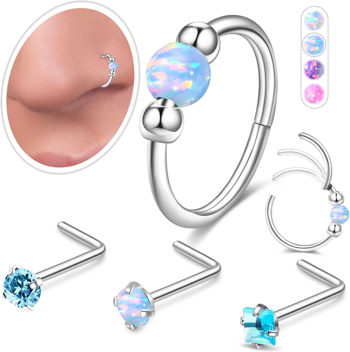 Opal Nose Rings Hoops and Corkscrew Nose Studs Sets for Women Men,Hypoallergenic 316L Surgical Stainless Steel Hinged Clicker Segment Nose Rings Hoop Helix Cartilage Daith Tragus Sleeper Earring - QIAO CrystalQIAO CrystalQIAO Crystal