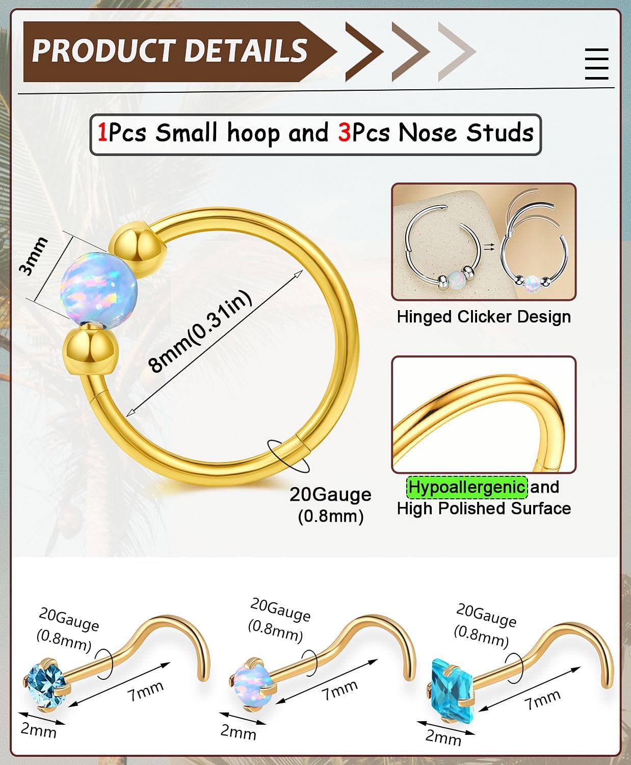 Opal Nose Rings Hoops and Corkscrew Nose Studs Sets for Women Men,Hypoallergenic 316L Surgical Stainless Steel Hinged Clicker Segment Nose Rings Hoop Helix Cartilage Daith Tragus Sleeper Earring - QIAO CrystalQIAO CrystalQIAO Crystal