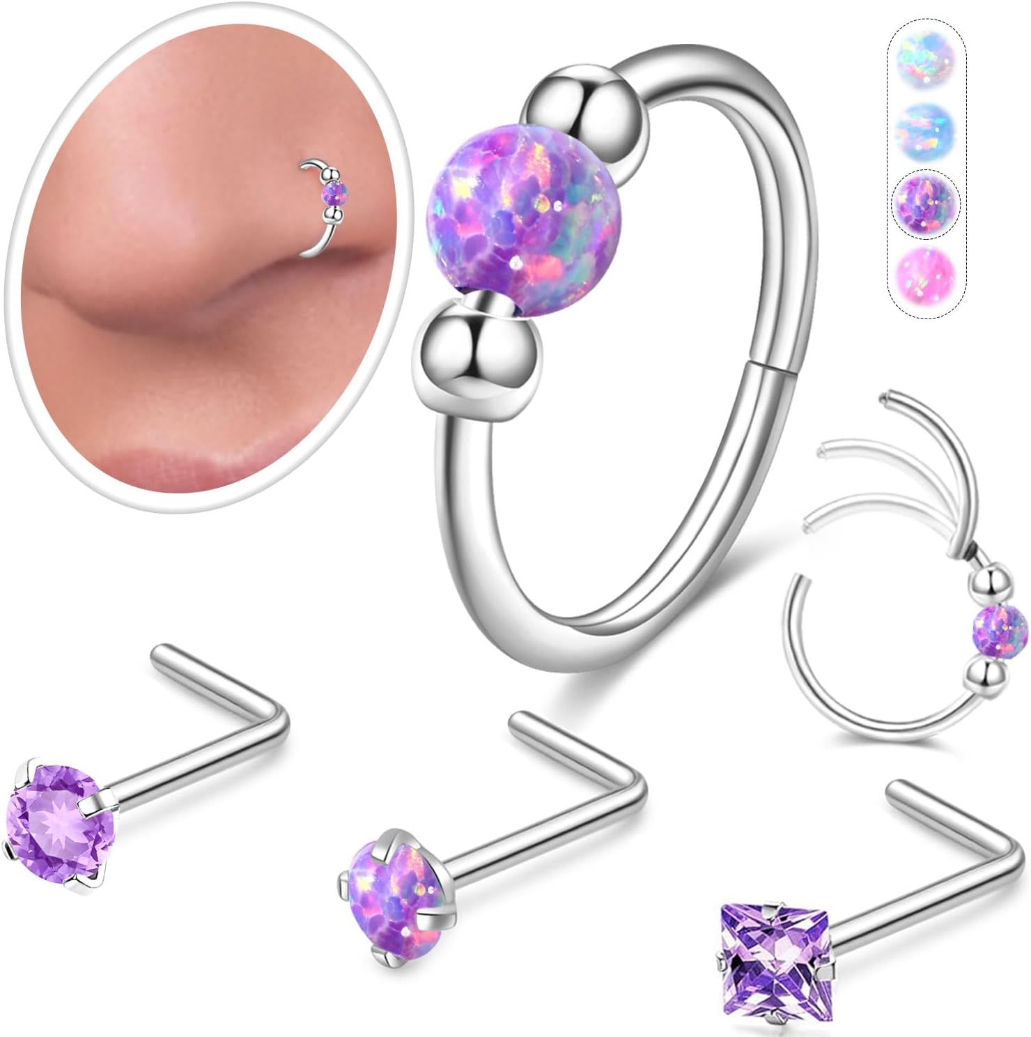 Opal Nose Rings Hoops and Corkscrew Nose Studs Sets for Women Men,Hypoallergenic 316L Surgical Stainless Steel Hinged Clicker Segment Nose Rings Hoop Helix Cartilage Daith Tragus Sleeper Earring - QIAO CrystalQIAO CrystalQIAO Crystal