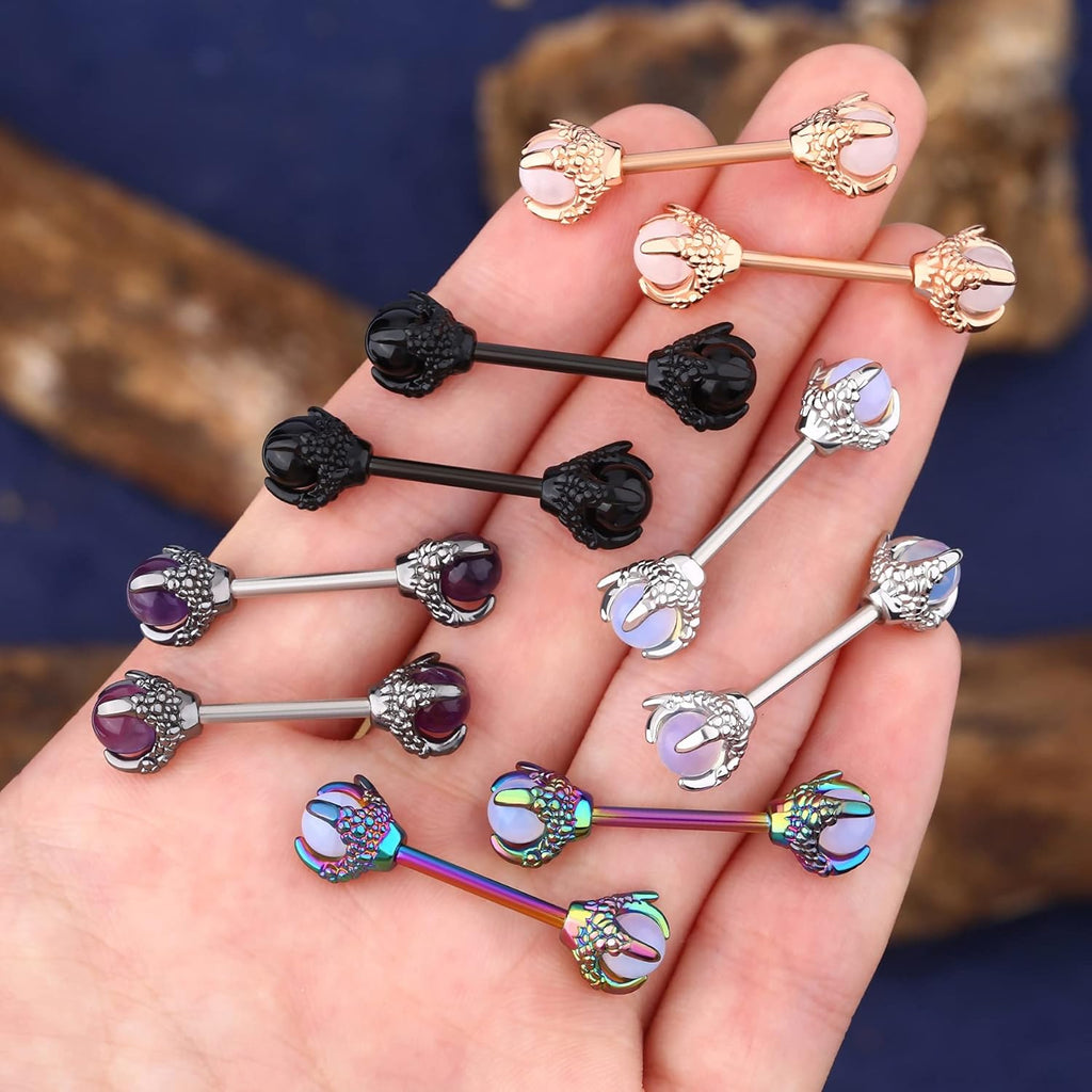 OUFER 14G Dragon Claw Nipple Rings With Natural Stone - 316L Stainless Steel Piercing Jewelry for Women - QIAO CrystalQIAO CrystalQIAO Crystal