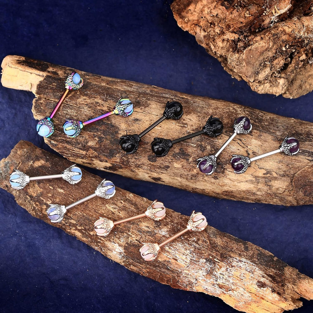 OUFER 14G Dragon Claw Nipple Rings With Natural Stone - 316L Stainless Steel Piercing Jewelry for Women - QIAO CrystalQIAO CrystalQIAO Crystal