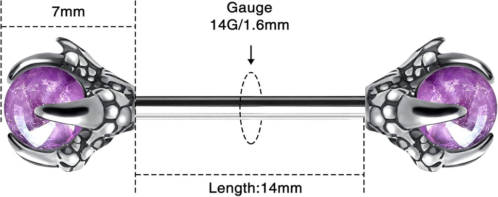 OUFER 14G Dragon Claw Nipple Rings With Natural Stone - 316L Stainless Steel Piercing Jewelry for Women - QIAO CrystalQIAO CrystalQIAO Crystal