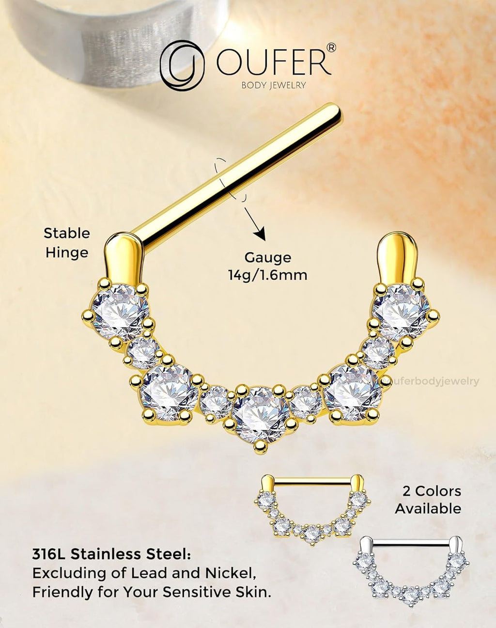 OUFER 2PCS 14G Nipple Rings, 316l Surgical Steel Nipple Piercing Jewelry, Round Clear CZ Nipple Barbells, Clicker Nipple Rings For Women - Silver/Gold - QIAO CrystalQIAO CrystalQIAO Crystal