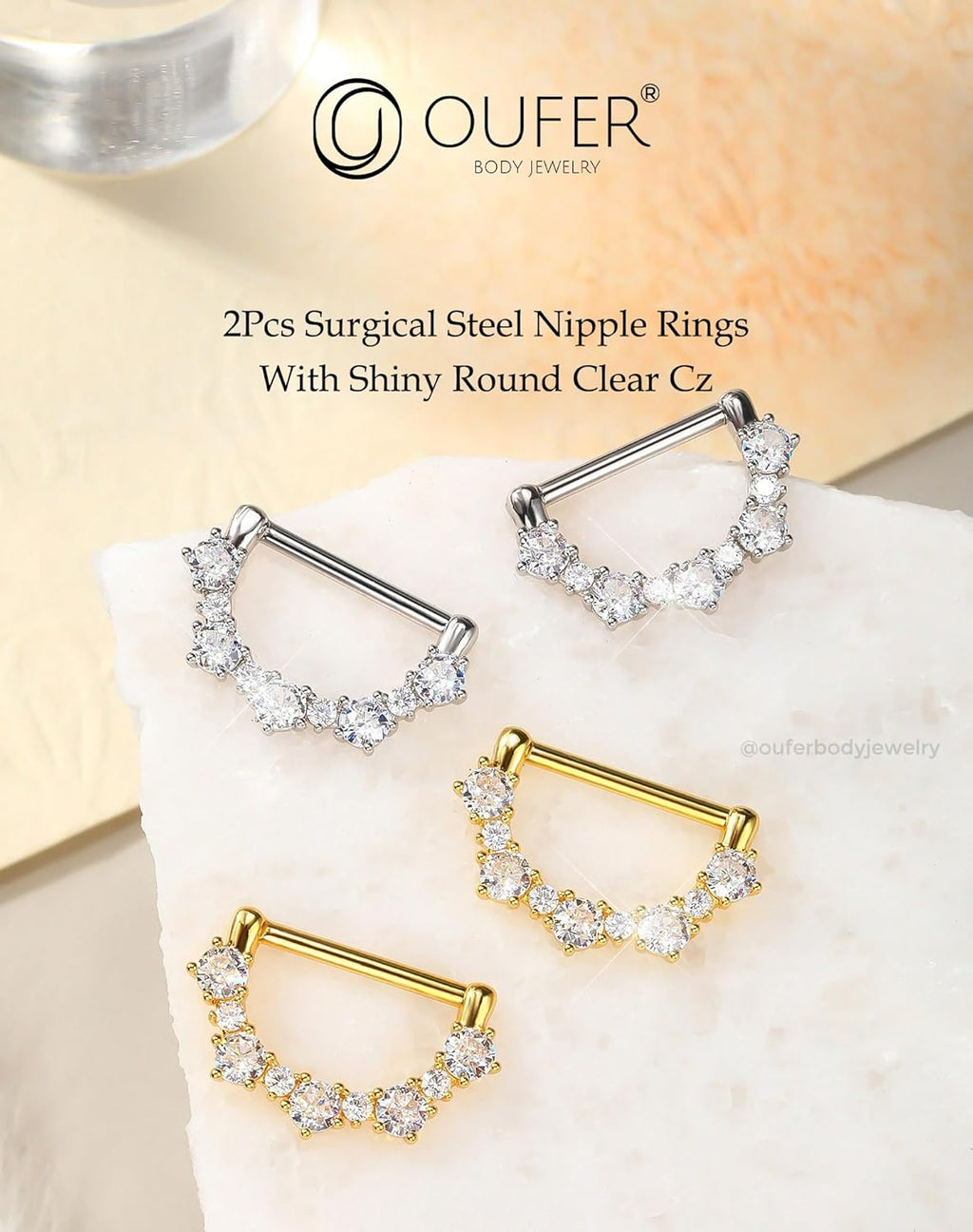 OUFER 2PCS 14G Nipple Rings, 316l Surgical Steel Nipple Piercing Jewelry, Round Clear CZ Nipple Barbells, Clicker Nipple Rings For Women - Silver/Gold - QIAO CrystalQIAO CrystalQIAO Crystal