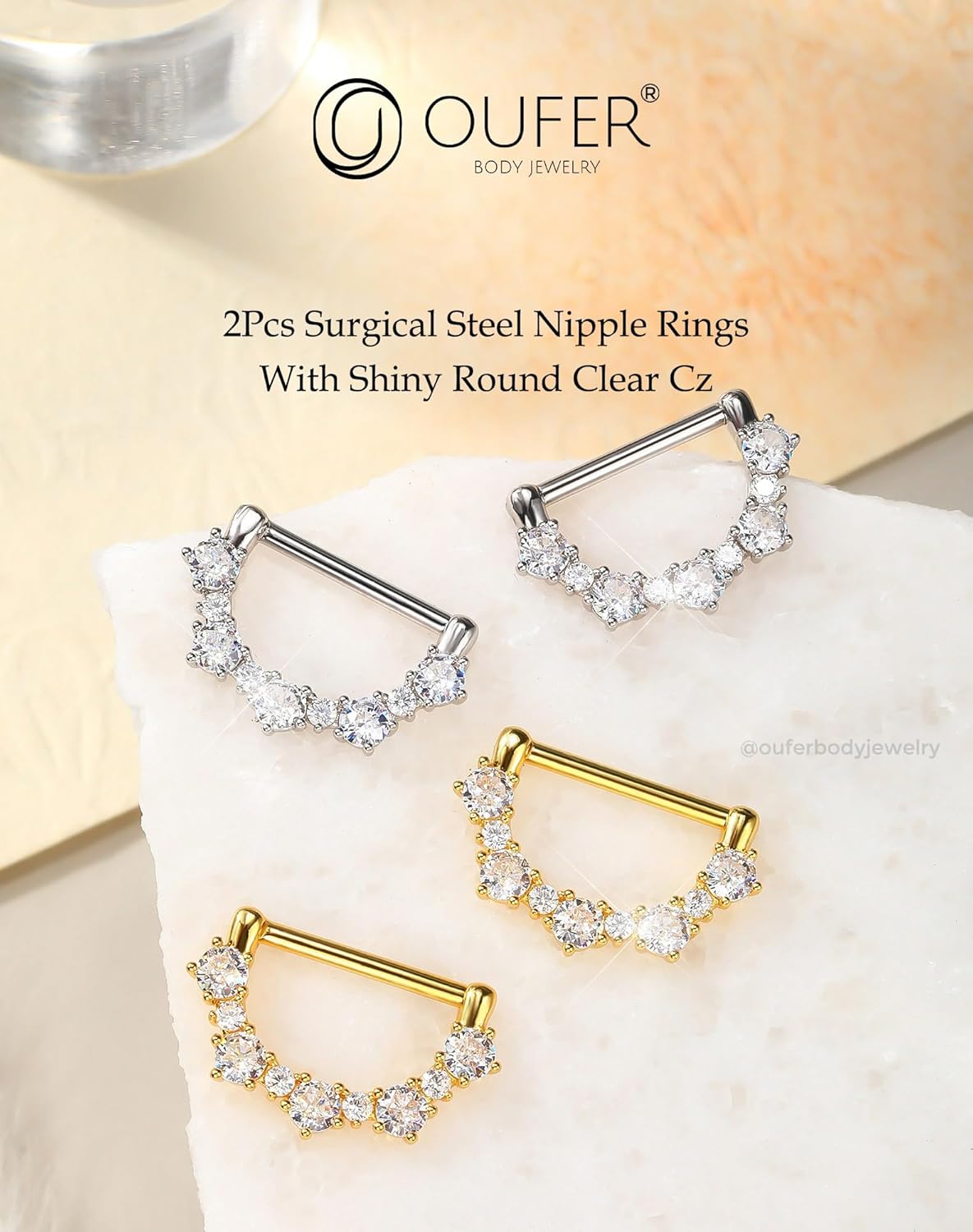 OUFER 2PCS 14G Nipple Rings, 316l Surgical Steel Nipple Piercing Jewelry, Round Clear CZ Nipple Barbells, Clicker Nipple Rings For Women - Silver/Gold - QIAO CrystalQIAO CrystalQIAO Crystal
