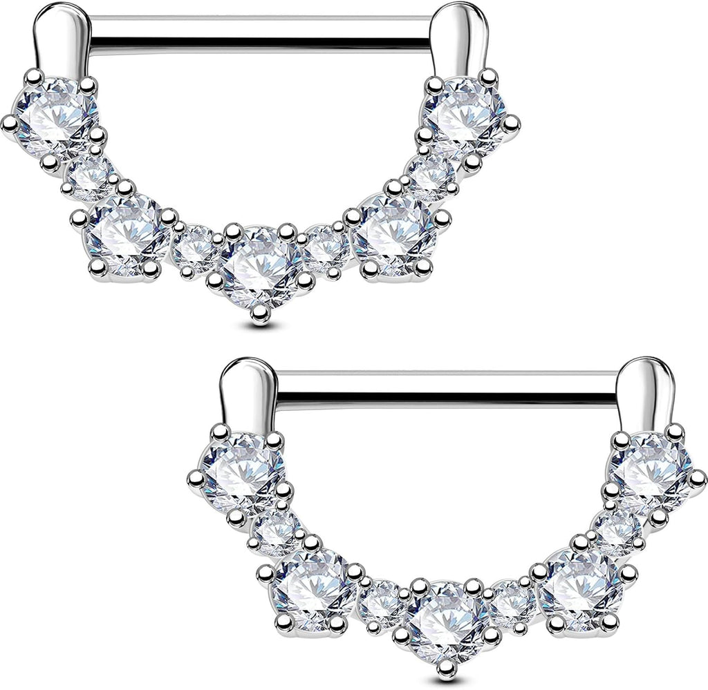 OUFER 2PCS 14G Nipple Rings, 316l Surgical Steel Nipple Piercing Jewelry, Round Clear CZ Nipple Barbells, Clicker Nipple Rings For Women - Silver/Gold - QIAO CrystalQIAO CrystalQIAO Crystal