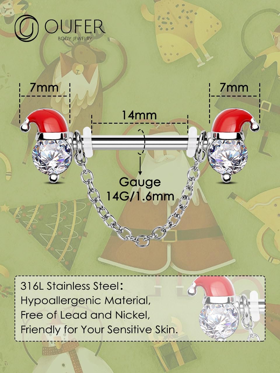 OUFER 2PCS Christmas Nipple Rings, Nipple Piercing Jewelry Surgical Steel, Santa Claus Chain Nipple Jewelry, Clear CZ Nipple Rings for Women Sexy - QIAO CrystalQIAO CrystalQIAO Crystal