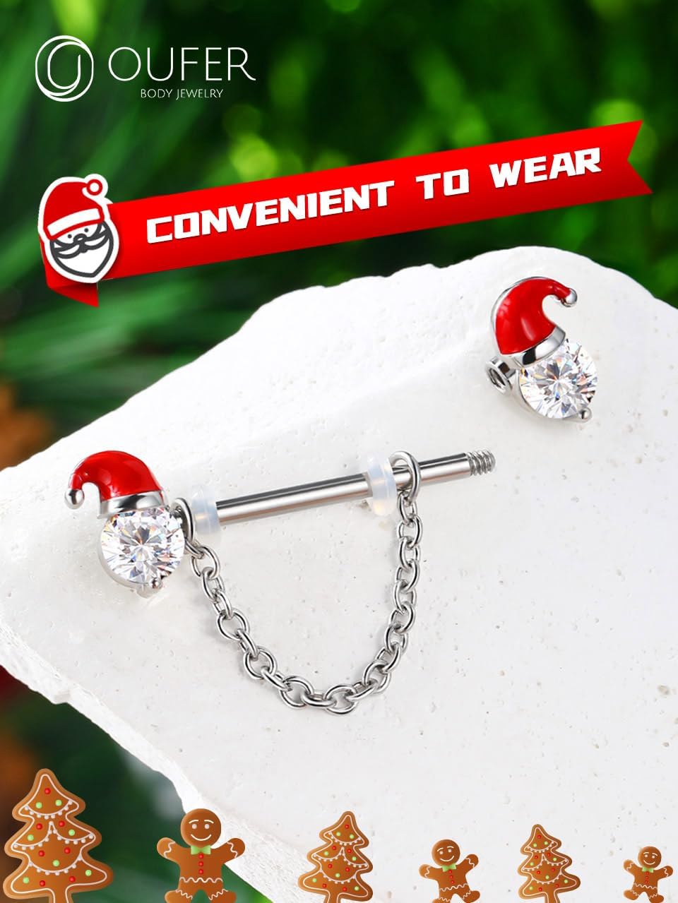 OUFER 2PCS Christmas Nipple Rings, Nipple Piercing Jewelry Surgical Steel, Santa Claus Chain Nipple Jewelry, Clear CZ Nipple Rings for Women Sexy - QIAO CrystalQIAO CrystalQIAO Crystal