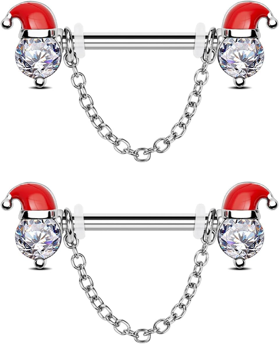 OUFER 2PCS Christmas Nipple Rings, Nipple Piercing Jewelry Surgical Steel, Santa Claus Chain Nipple Jewelry, Clear CZ Nipple Rings for Women Sexy - QIAO CrystalQIAO CrystalQIAO Crystal