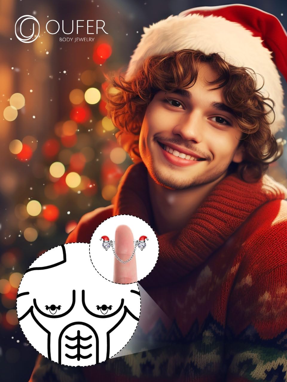 OUFER 2PCS Christmas Nipple Rings, Nipple Piercing Jewelry Surgical Steel, Santa Claus Chain Nipple Jewelry, Clear CZ Nipple Rings for Women Sexy - QIAO CrystalQIAO CrystalQIAO Crystal