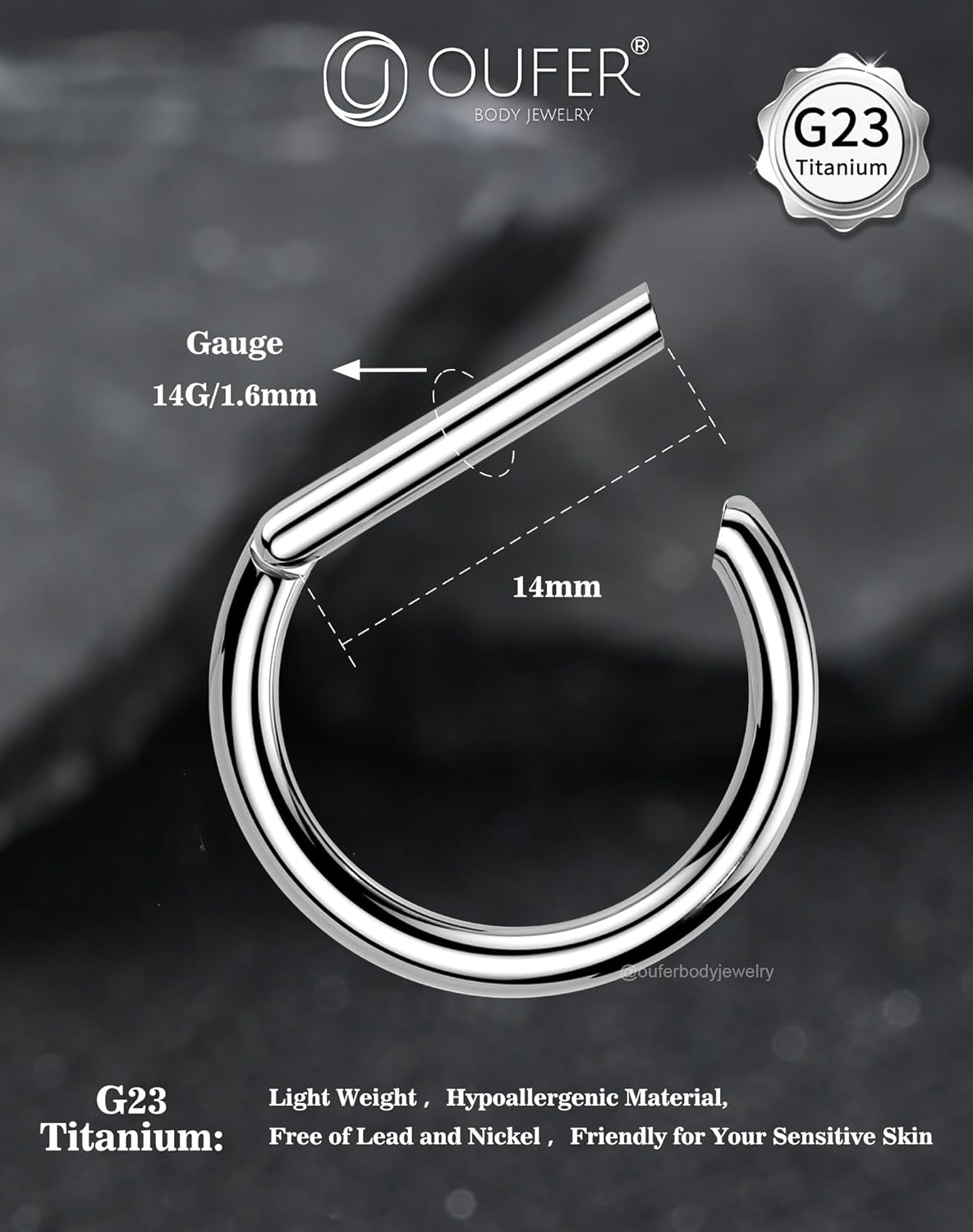 OUFER 2PCS Titanium Nipple Rings, D - shaped Nipple Piercing Jewelry, 14G Clicker Septum Daith Lightweight Body Piercing Jewelry for Women Men 14MM - QIAO CrystalQIAO CrystalQIAO Crystal