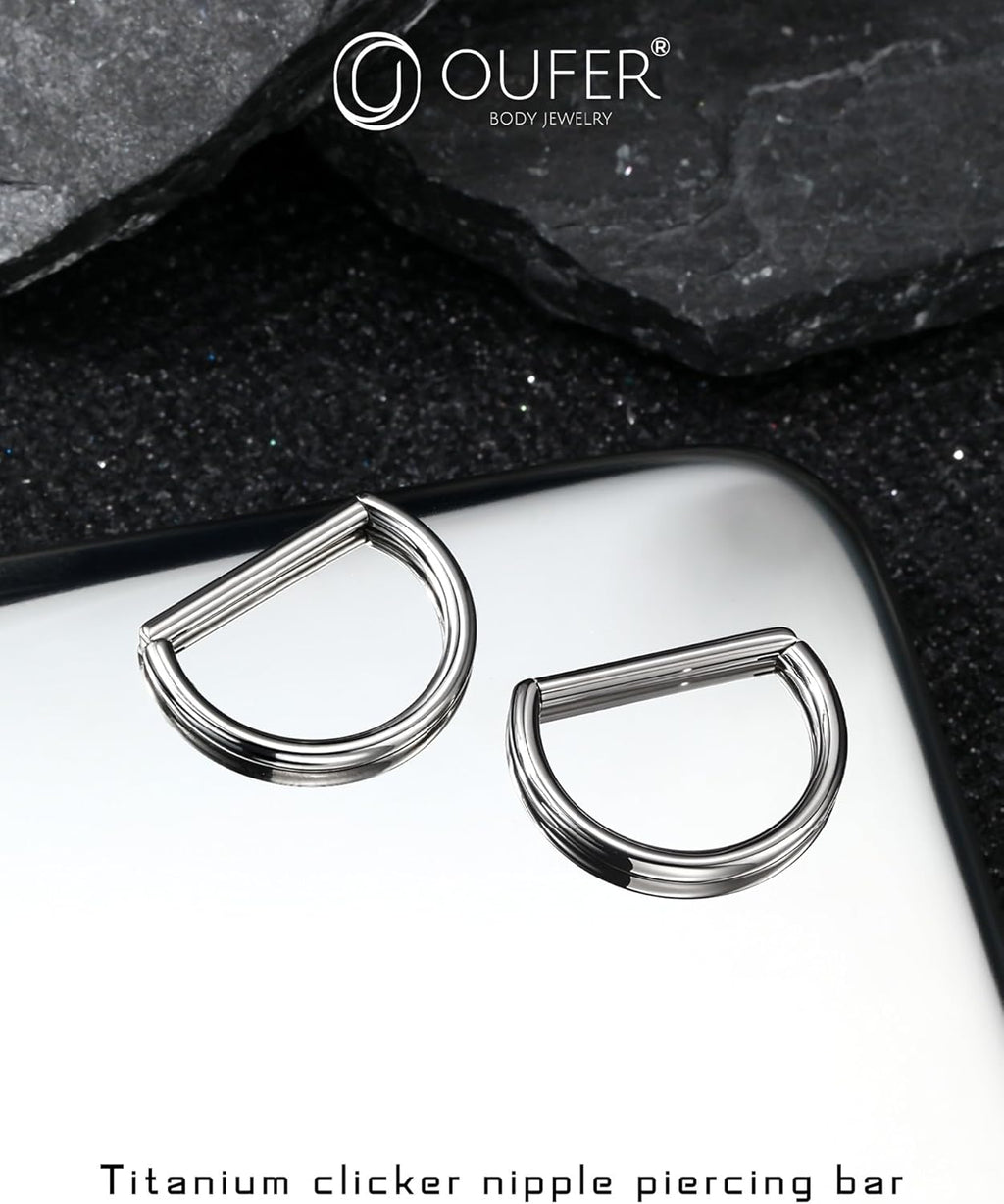 OUFER 2PCS Titanium Nipple Rings, D - shaped Nipple Piercing Jewelry, 14G Clicker Septum Daith Lightweight Body Piercing Jewelry for Women Men 14MM - QIAO CrystalQIAO CrystalQIAO Crystal