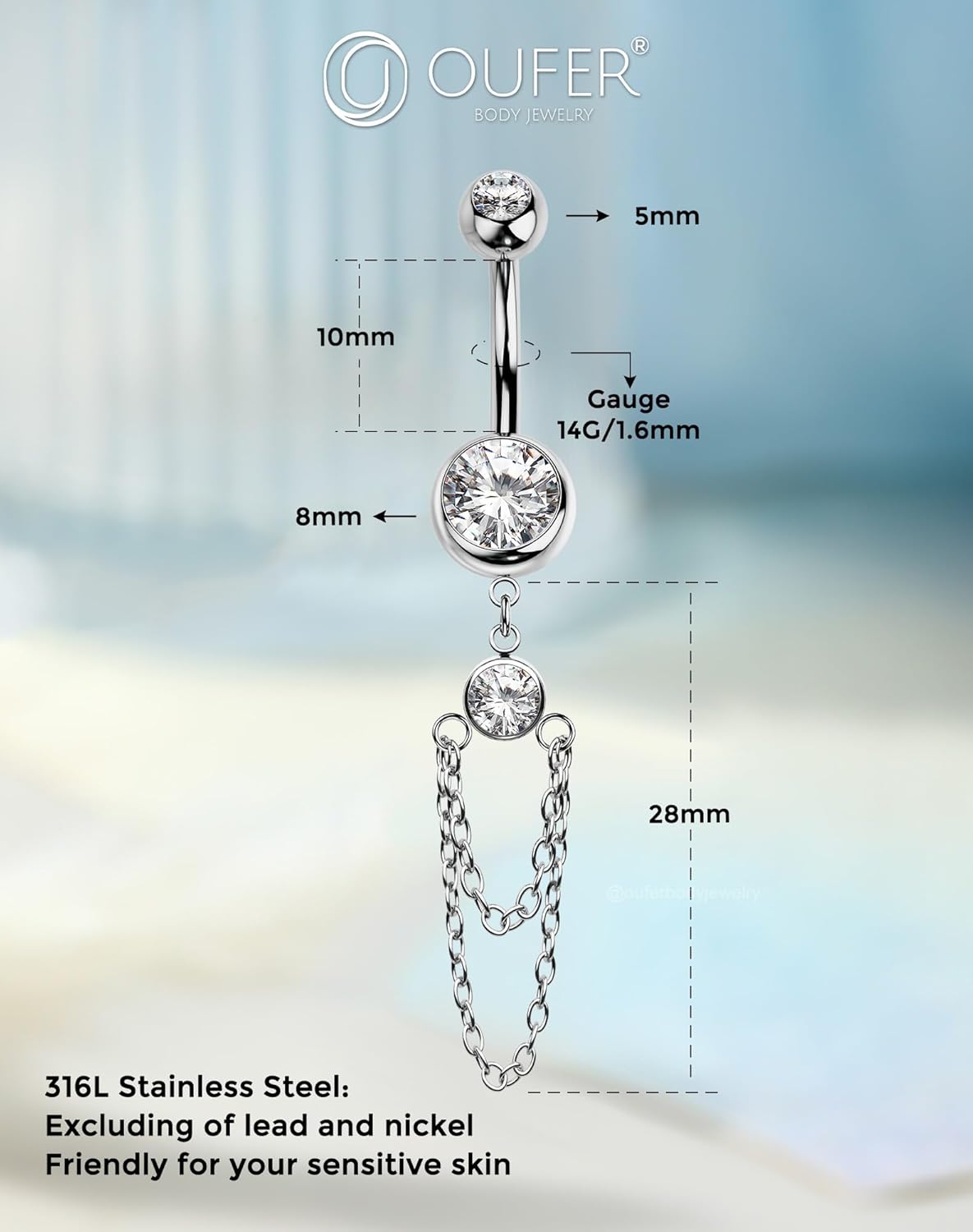OUFER 316L Stainless Steel Belly Button Ring, 14G Chain Dangle with CZ Crystal Navel Belly Rings for Women, 10MM Navel Piercing Jewelry, Body Piercing Jewelry Barbells - 我的商店我的商店我的商店